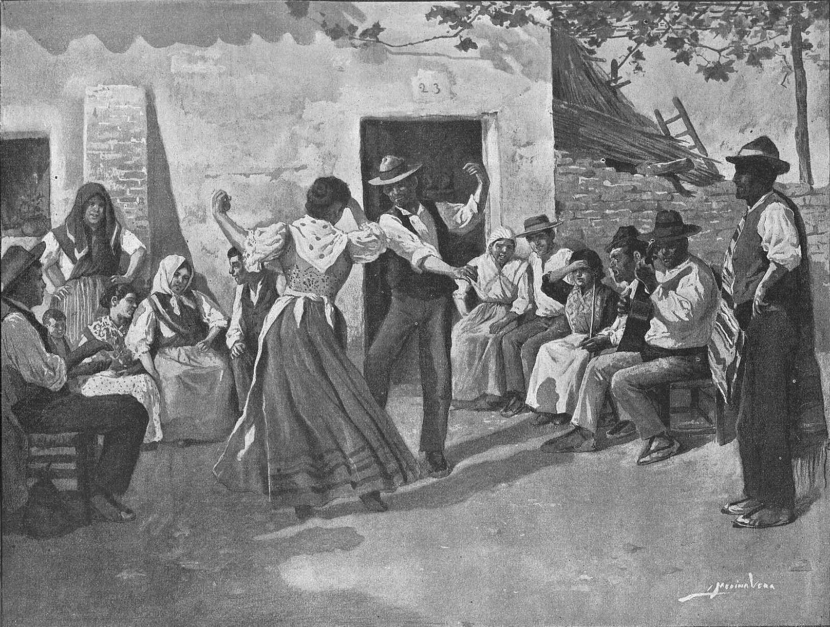 A village courtyard: a woman with raised arms dances opposite a man while seated figures watch from around whitewashed buildings.