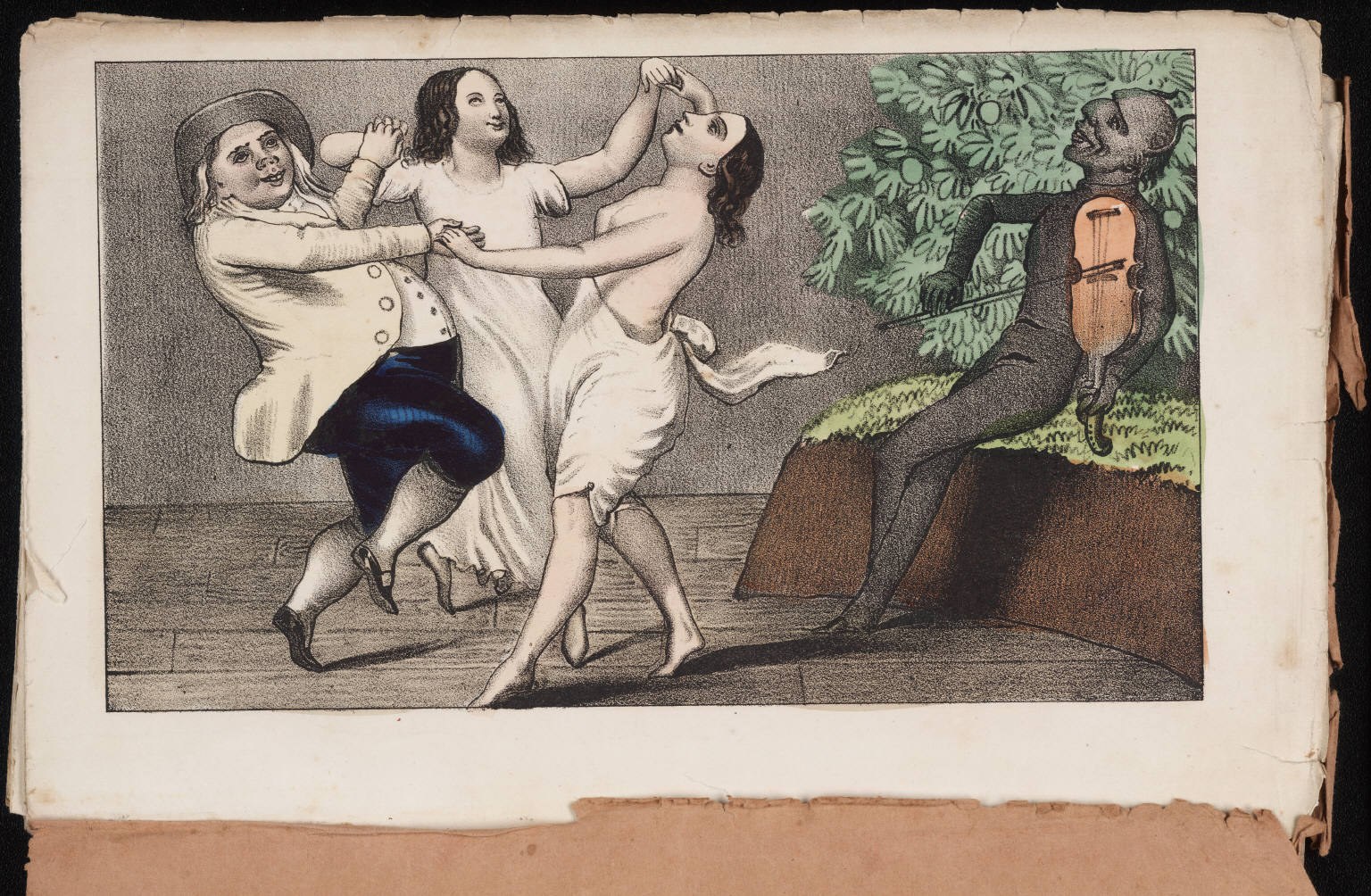 A man in blue breeches dances with two women in white gowns while a formally dressed violinist plays at right.