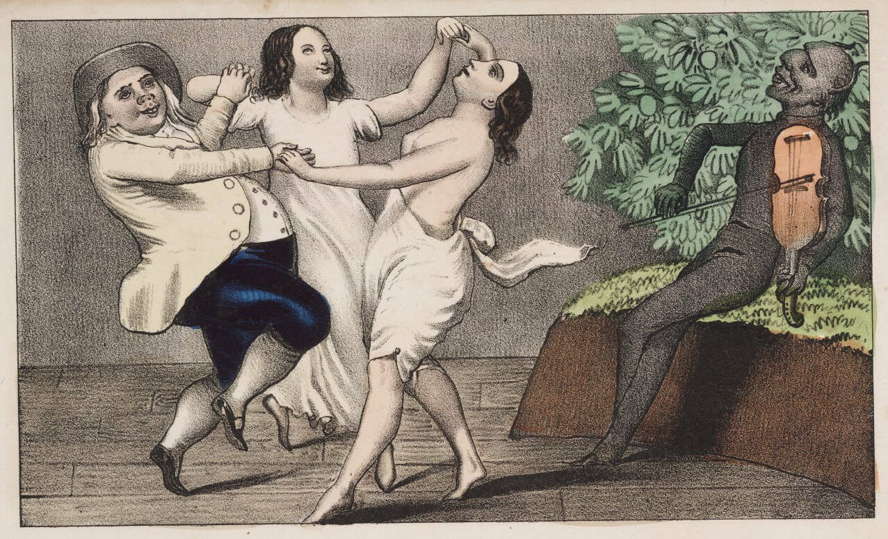 Four figures in a parlor: three women in white draped garments embracing, a man in a coat lunging toward them, and a dark-skinned musician with a violin