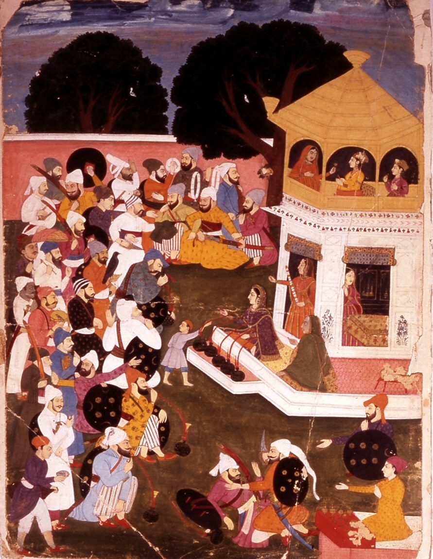 Mughal court scene with dozens of figures in silks and turbans gathering before a gold-roofed pavilion at dusk.