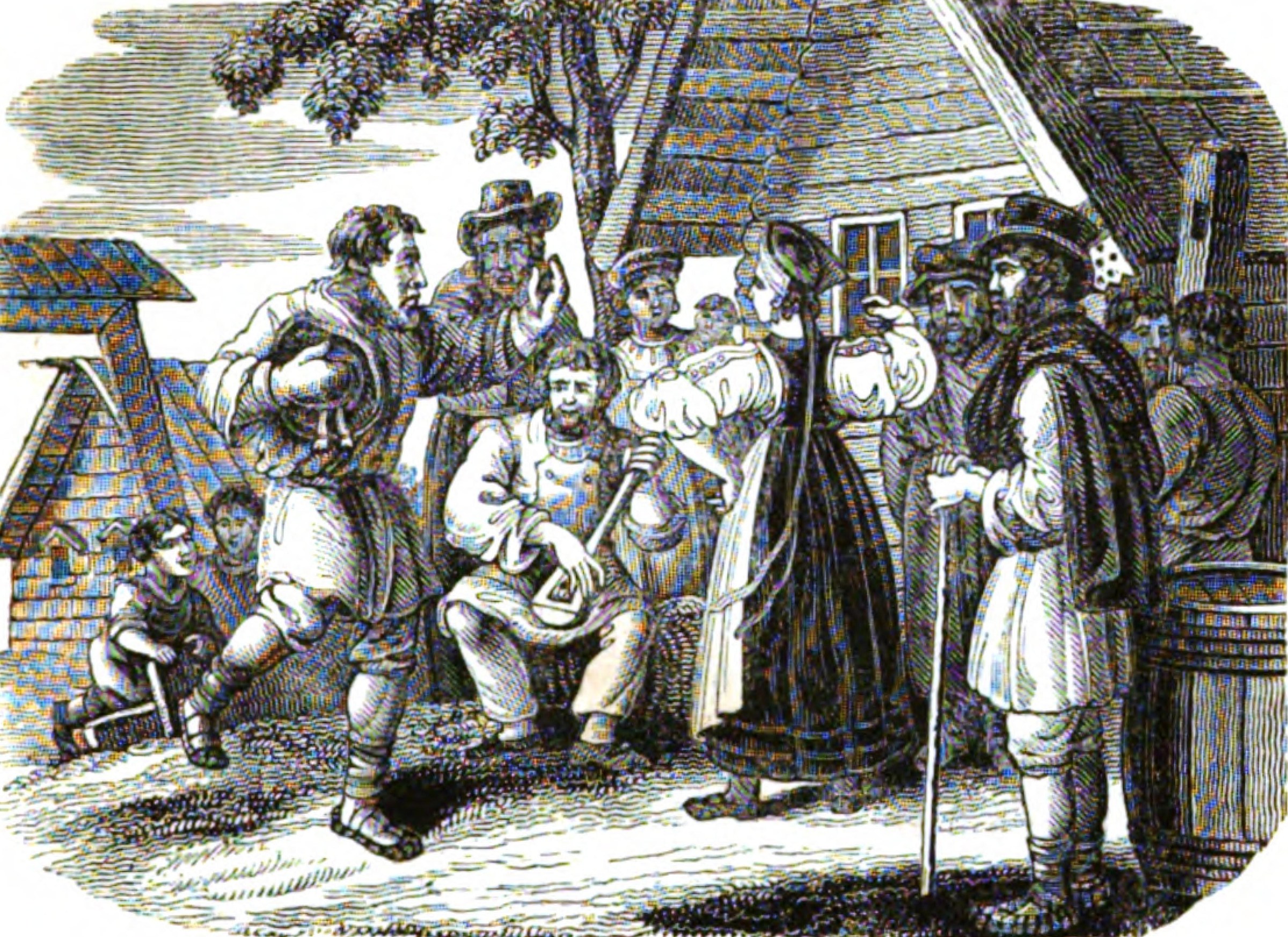 Hand-colored engraving of animated village dance scene with men and women in early 19th-century Russian dress, standing and moving in a rural courtyard.