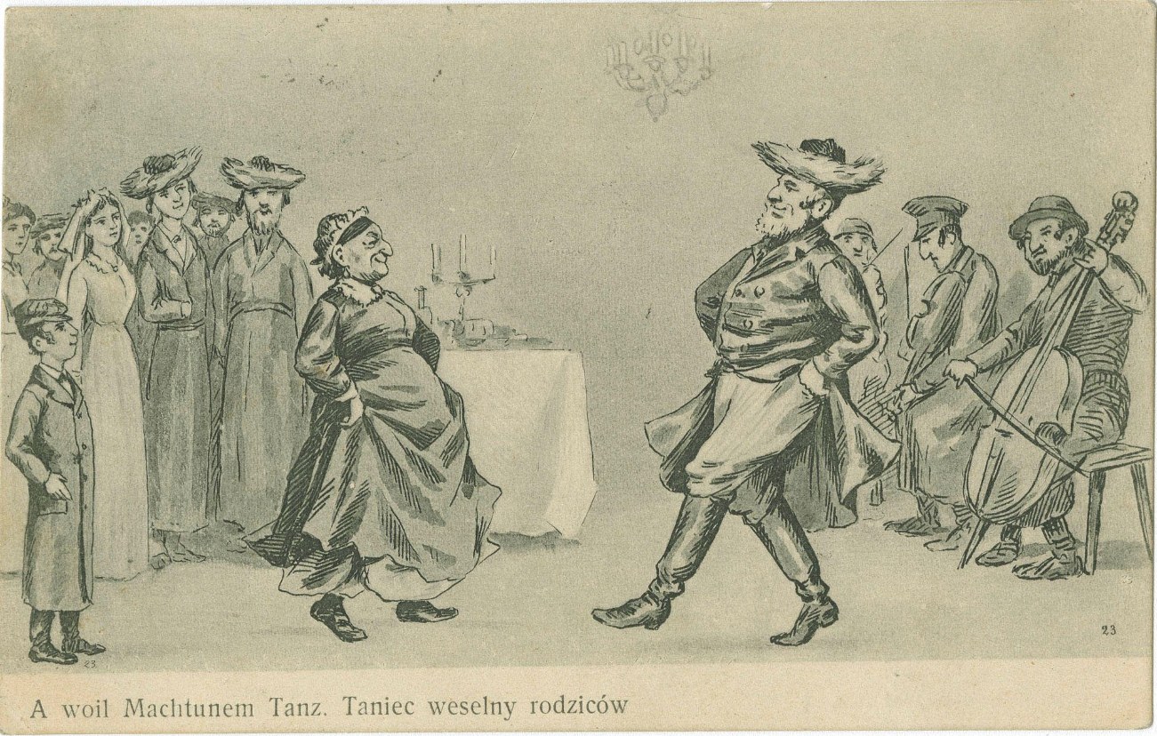 Ink drawing of a bearded man in traditional Jewish dress dancing energetically while a klezmer band plays, surrounded by wedding guests.