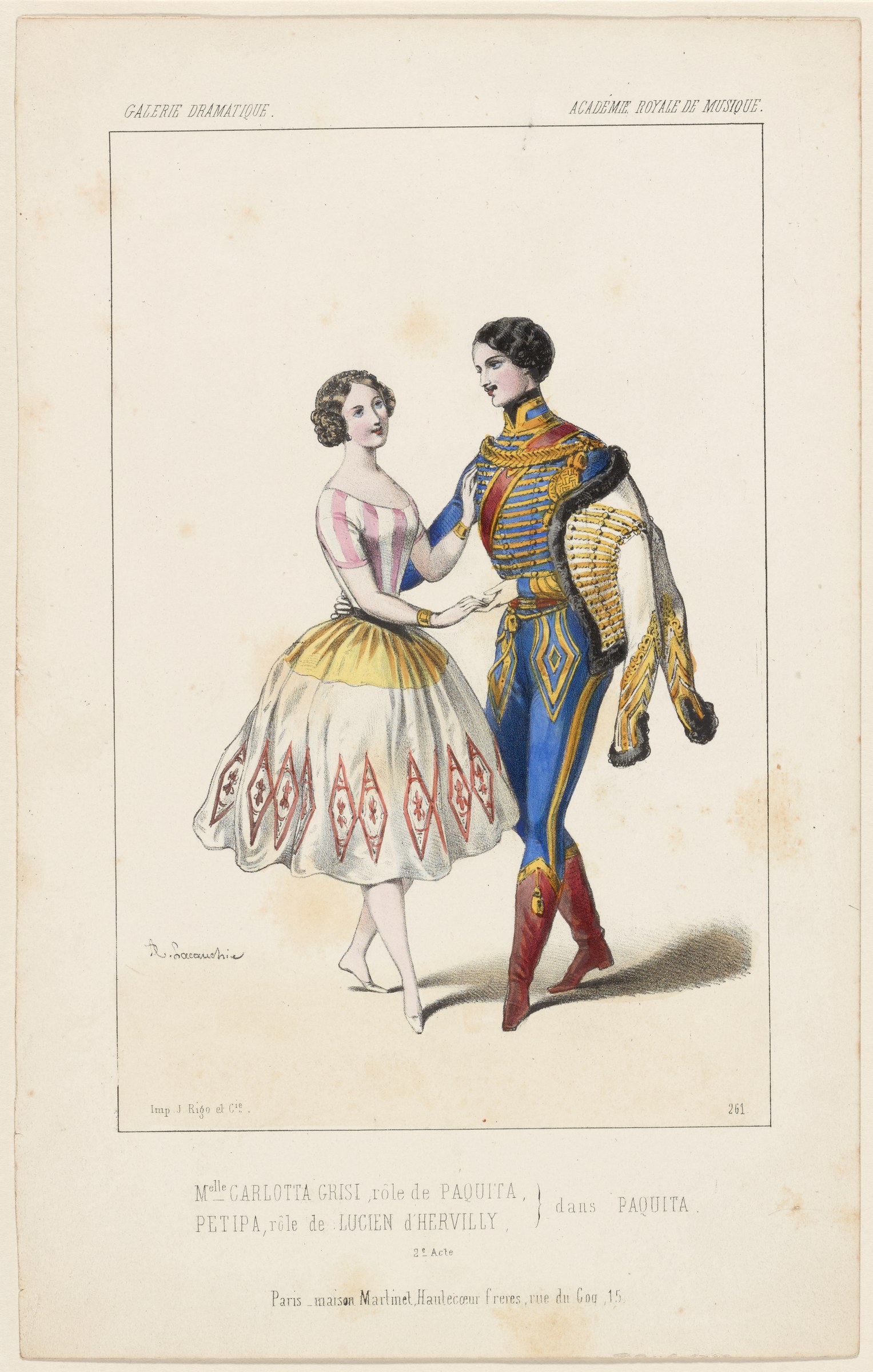 Two dancers in romantic-era costume stand close but not touching: a woman in pink and white, a man in blue military dress with gold braiding.