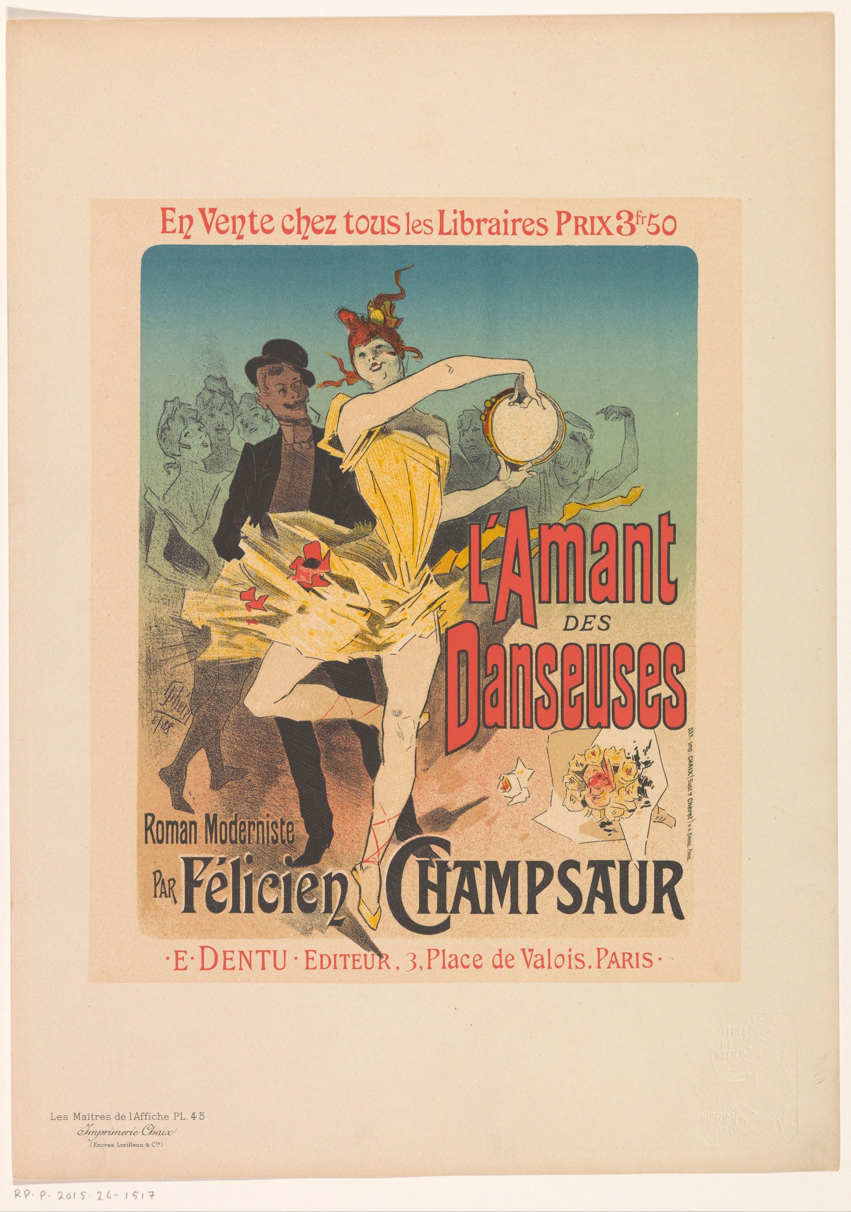 A woman in a yellow costume arches backward, one leg raised, holding a tambourine. A man in formal dress leans toward her from behind.