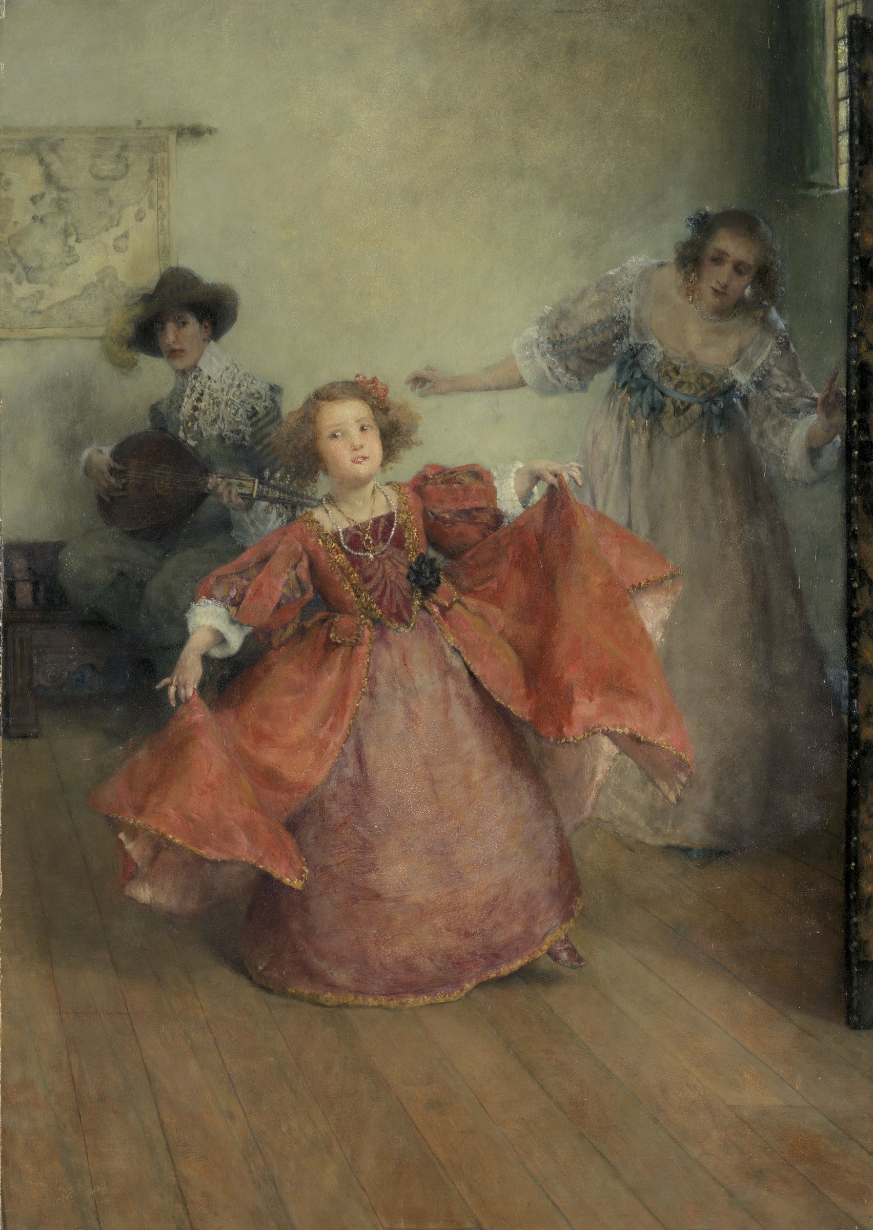 A young girl in a red-and-gold cloak stands posed gracefully in a Victorian interior, watched by a woman and a man playing lute.