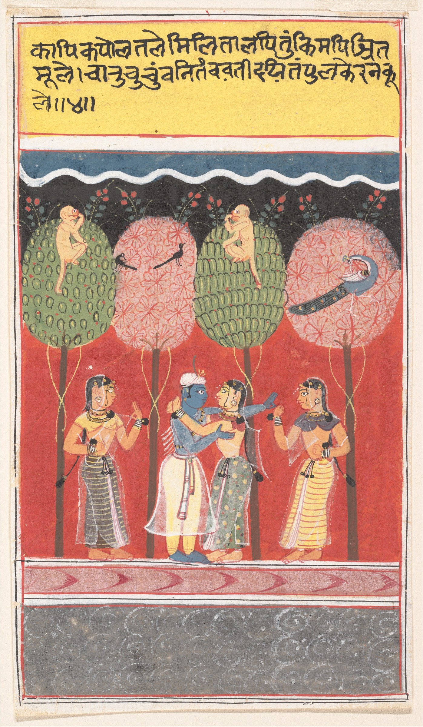 A page from an illustrated manuscript showing Krishna in blue standing among three women in a flowering garden, with Sanskrit text above.