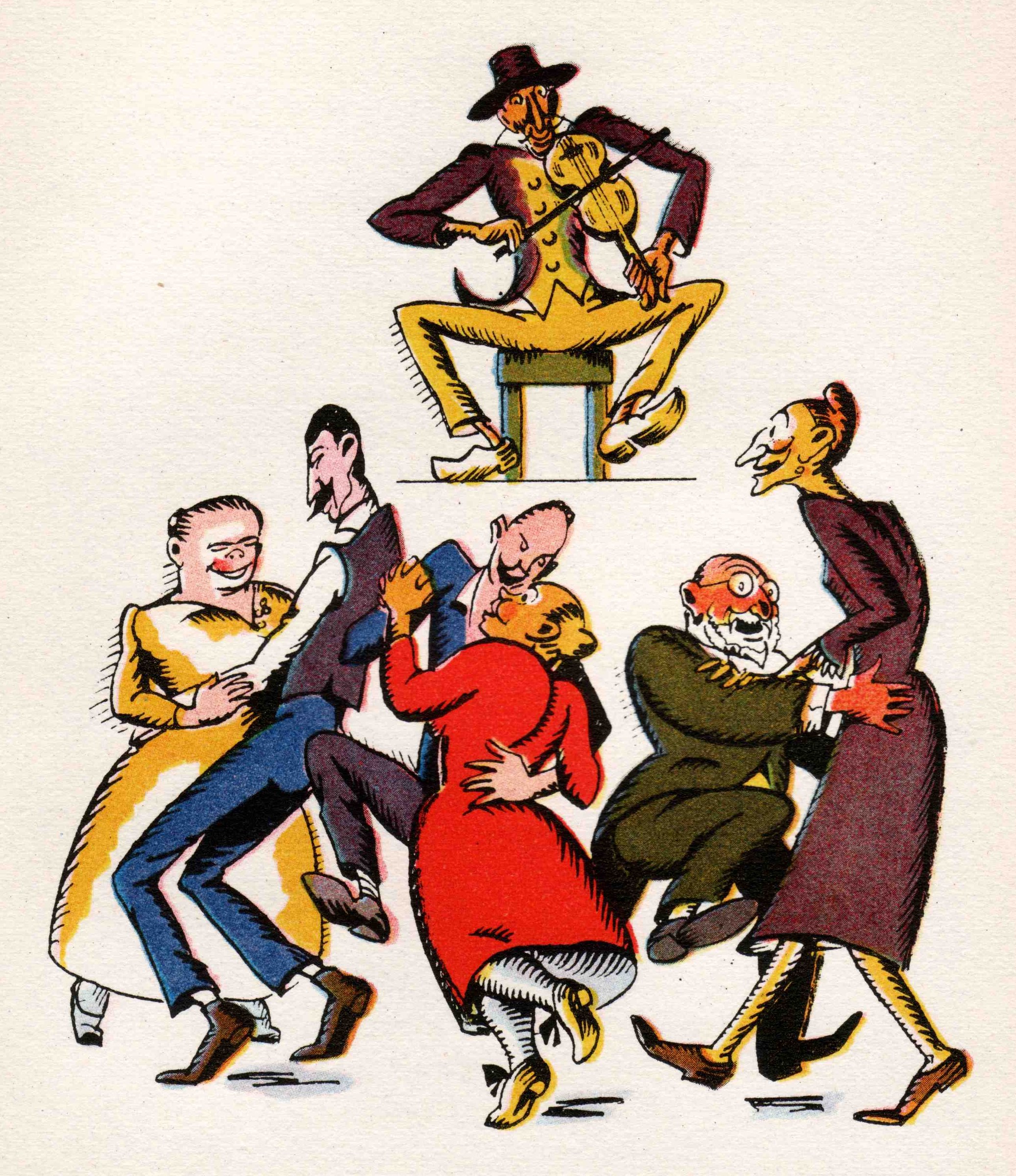 Five caricatured figures in evening dress dance around a violinist perched on a stool, his legs splayed wide, in a satirical Jazz Age scene.