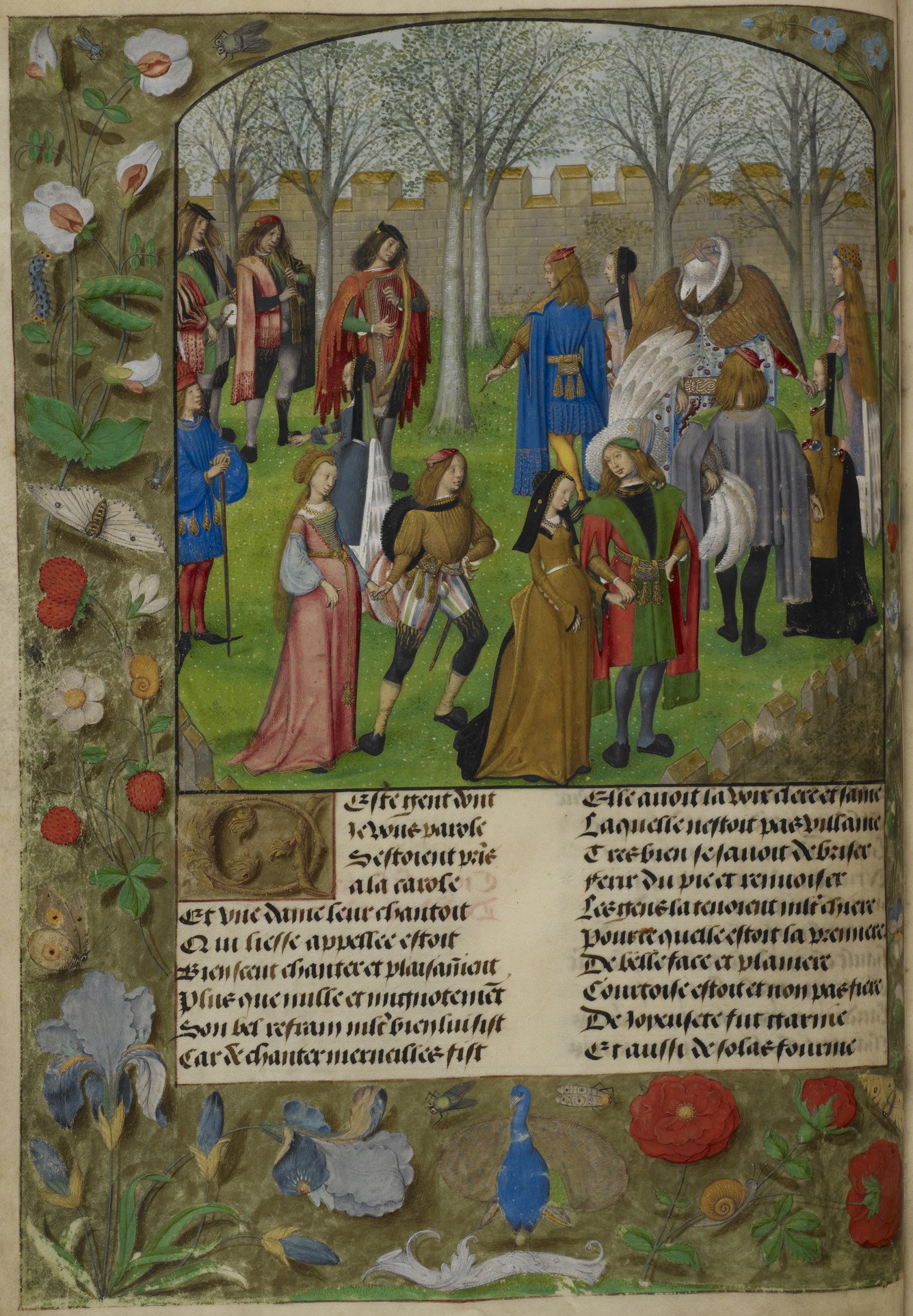 A group of nobles in rich dress hold hands and move in a chain formation across a spring garden walled by stone.