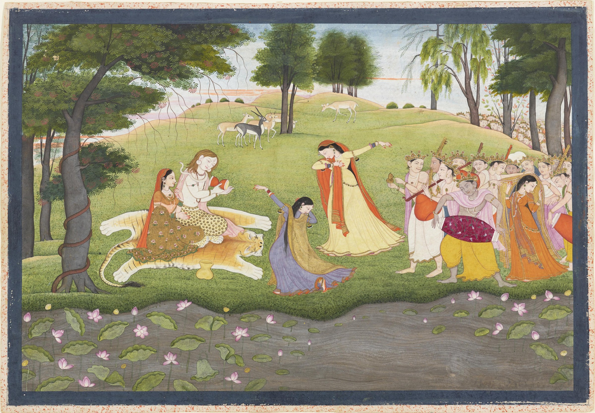 Mughal court painting showing a tiger leaping before two seated figures in jeweled dress, surrounded by standing courtiers in a garden with lotus pond.