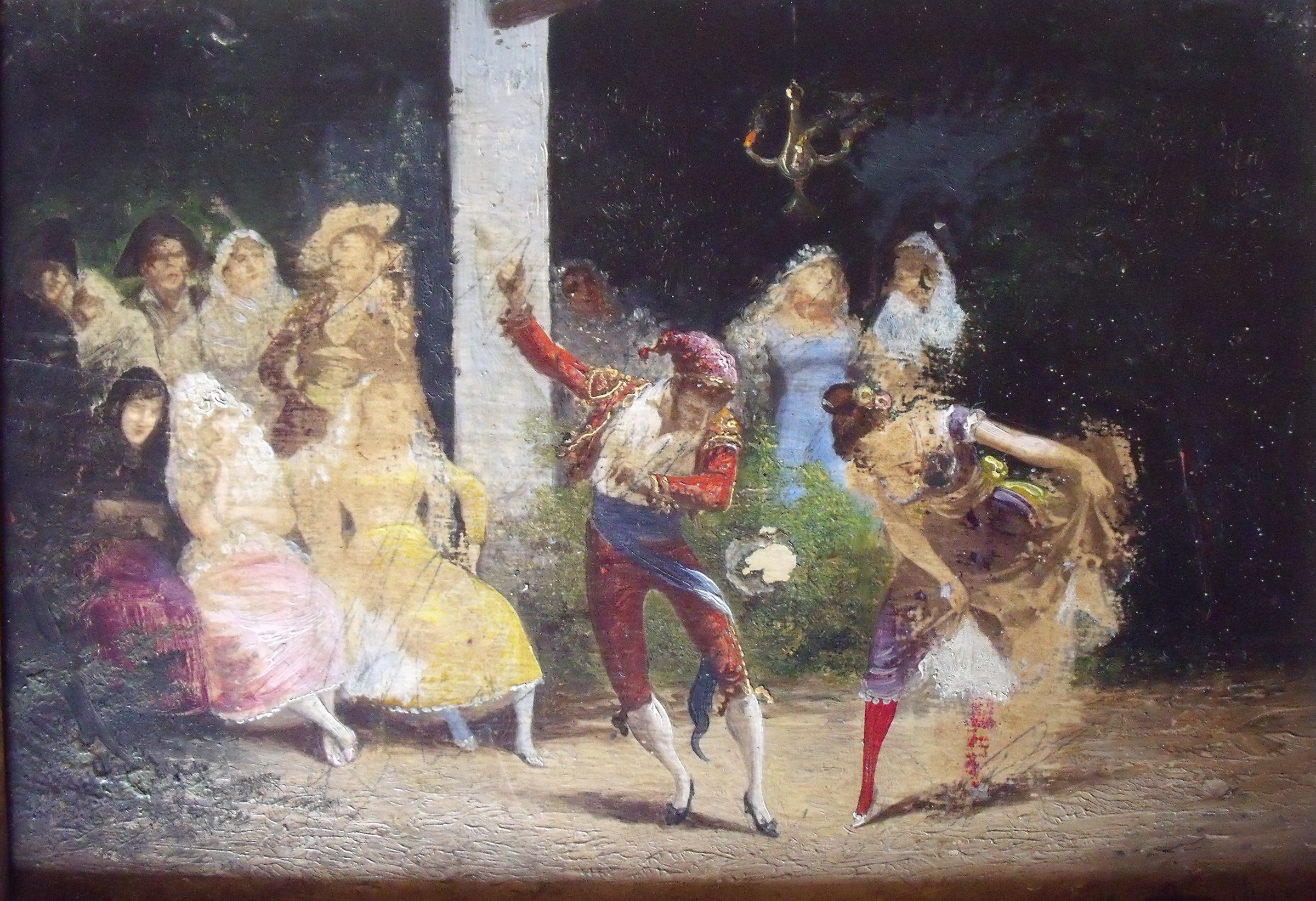 Oil painting of a male dancer in red coat and blue breeches performing before a group of women in pale silk gowns and white headdresses, set beneath a