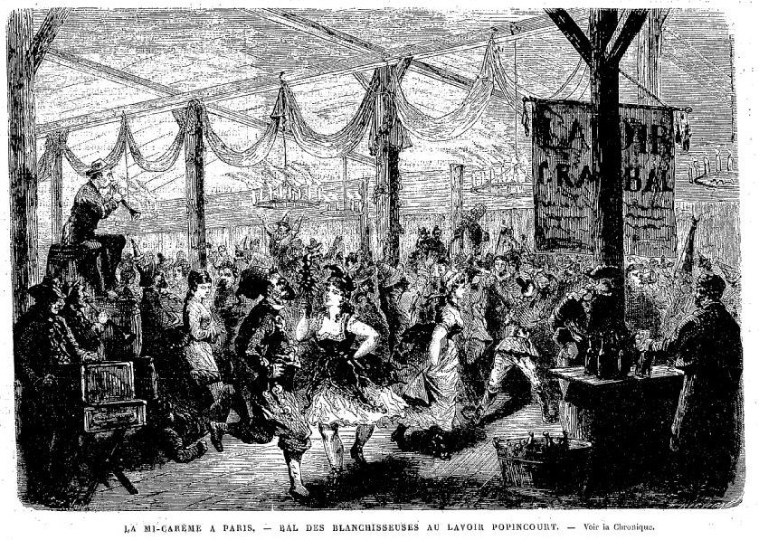 Wood engraving of a crowded indoor dance hall with couples in ballroom holds surrounded by spectators, festooned with fabric swags, labeled Mi-Carême 1872.