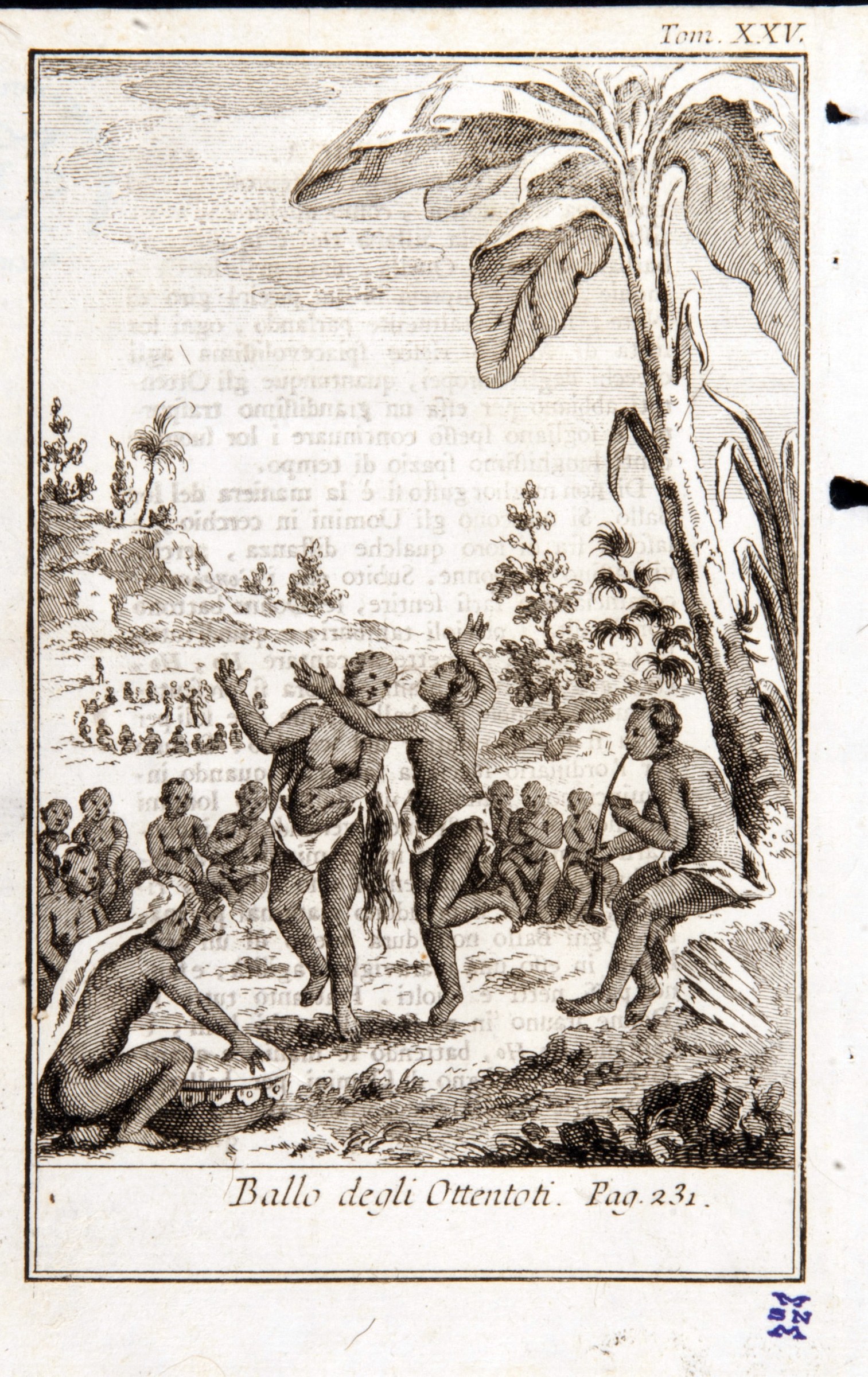 An 18th-century engraving showing two central figures dancing vigorously with raised arms and bent knees, surrounded by dozens of seated and standing onlookers