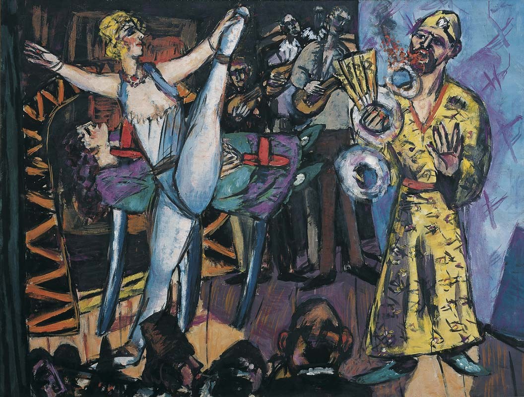 Expressionist oil painting of a pale female dancer in arabesque pose, spotlit center-stage beside a magician in yellow robes, surrounded by dark figures in a