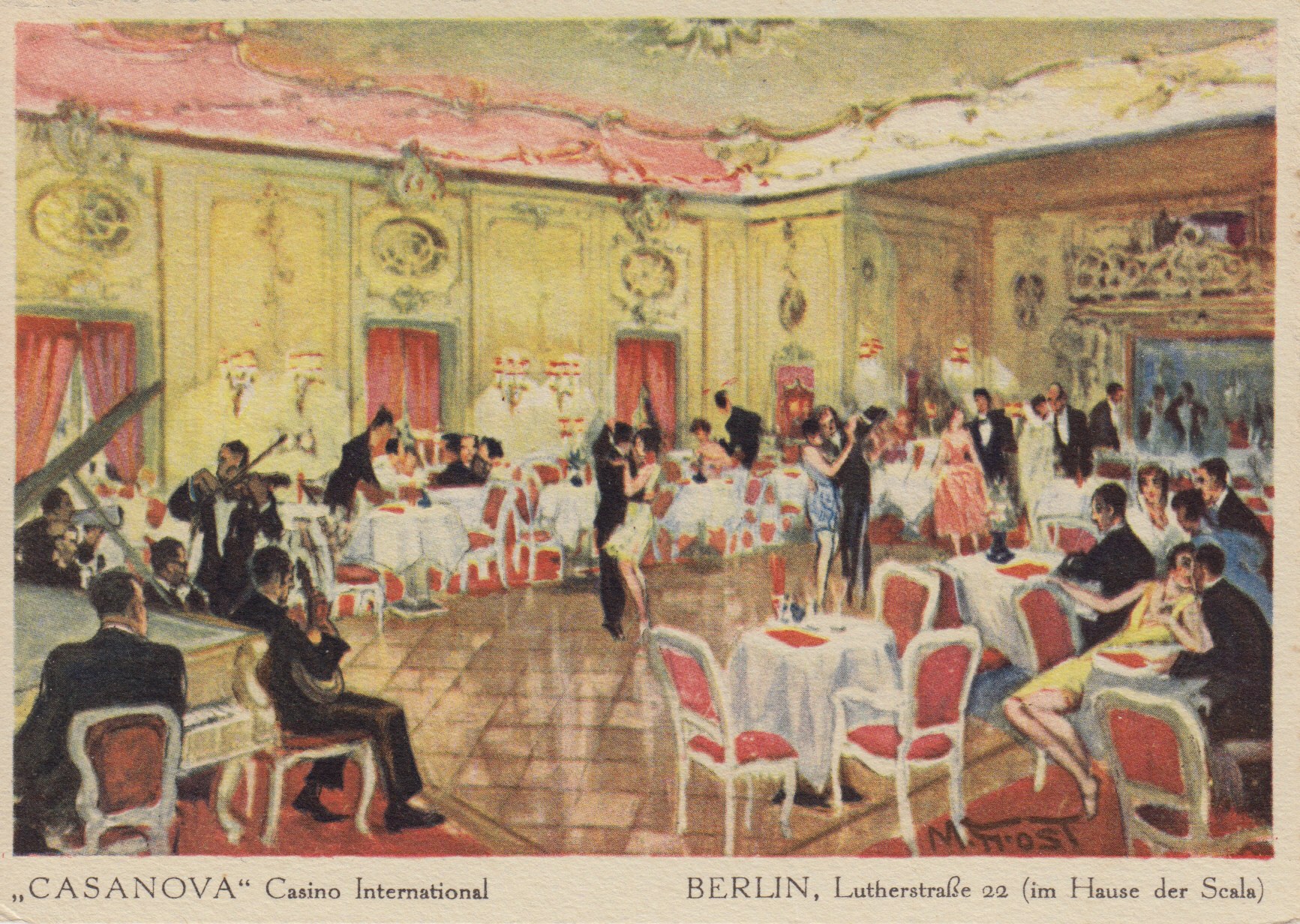 Oil painting of couples dancing in formal evening dress in an ornate ballroom with Rococo decoration, Berlin 1920.