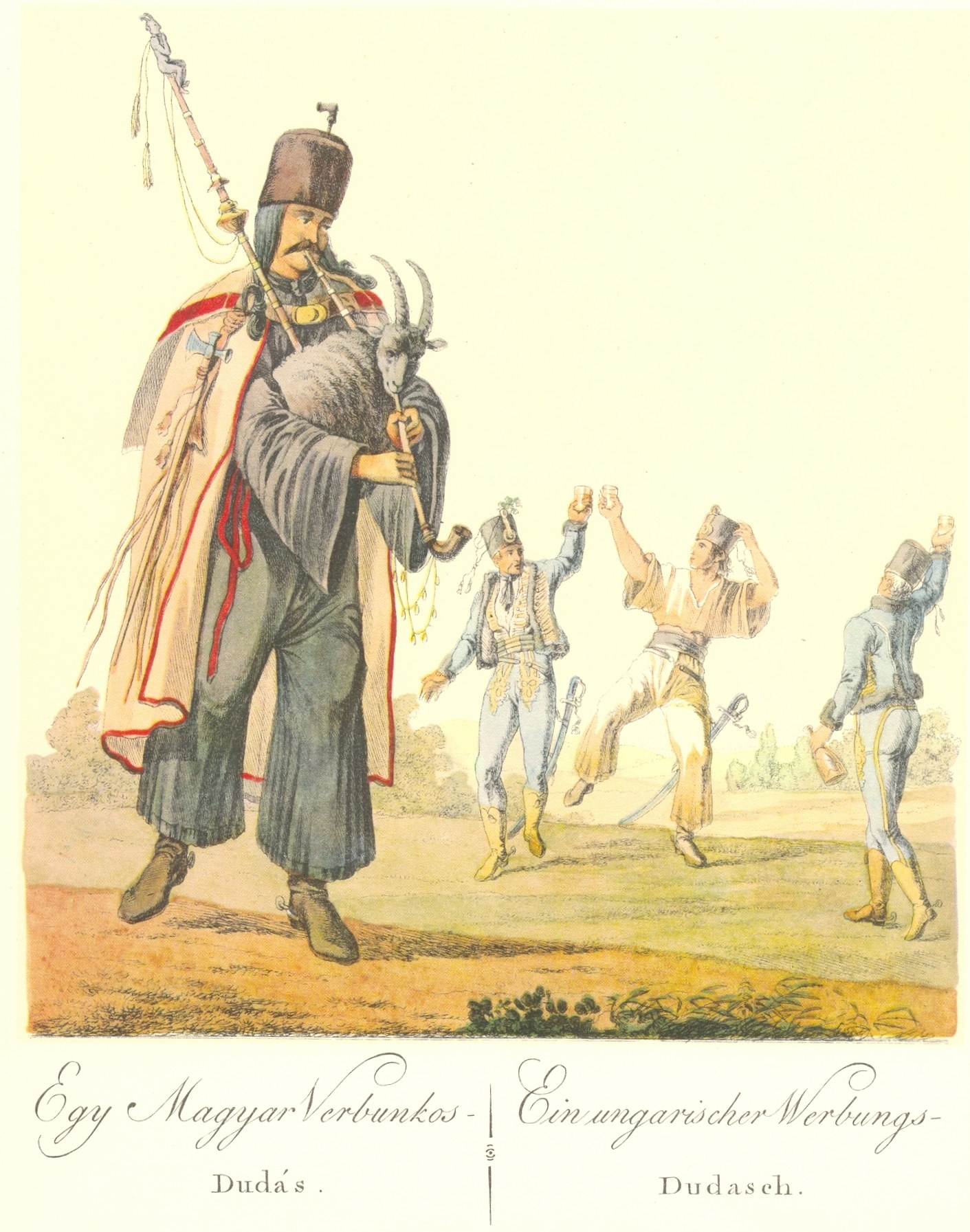A tall Hungarian soldier in military dress with a fur hat plays bagpipes aloft; four uniformed soldiers in the background gesture in celebration.