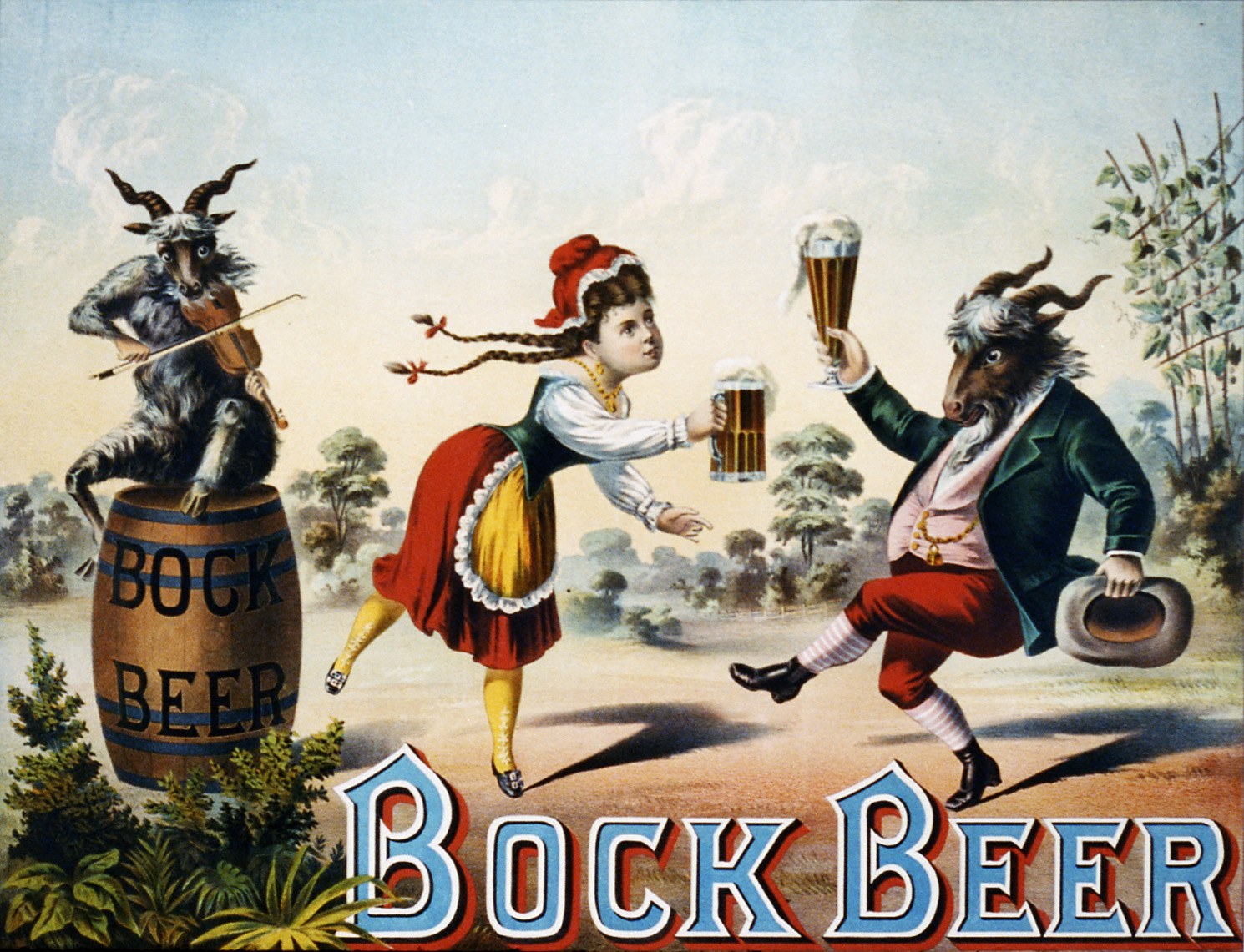 A young woman in a red cap presents beer steins to two goats: one sits with a fiddle, the other dances in formal dress with one leg raised.