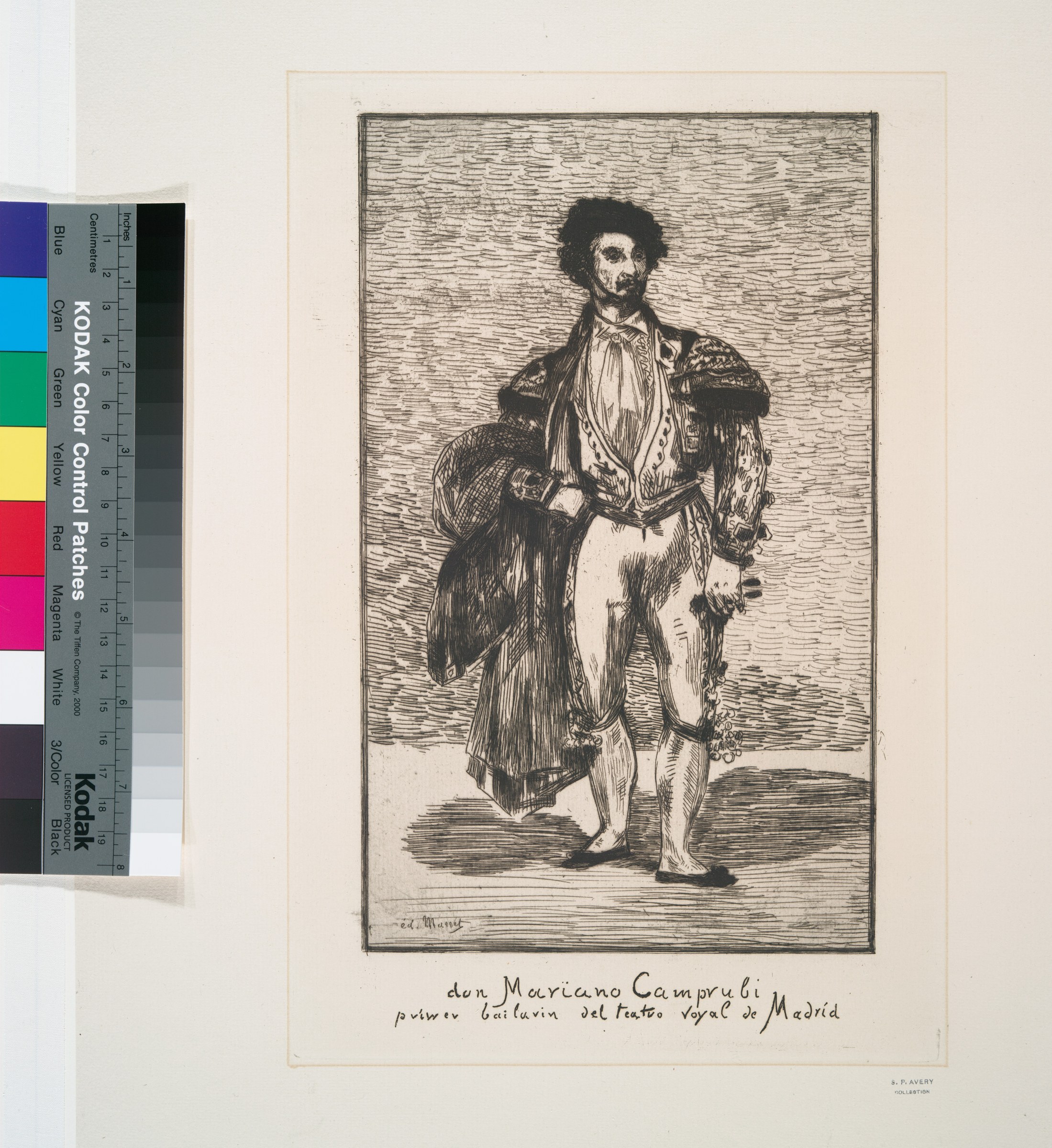 Engraving of a male dancer in formal romantic-era costume: embroidered jacket, cape, and white breeches, standing in a composed pose.