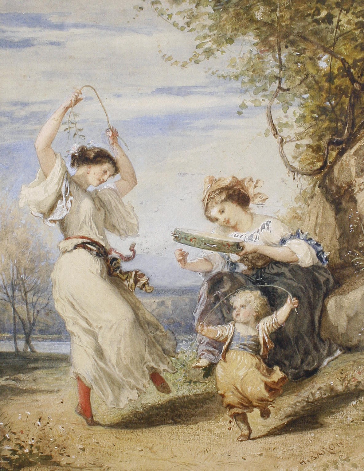 Woman in pale neoclassical gown holds leafy vine overhead while a girl plays a pipe and a boy stands between them on a riverbank.