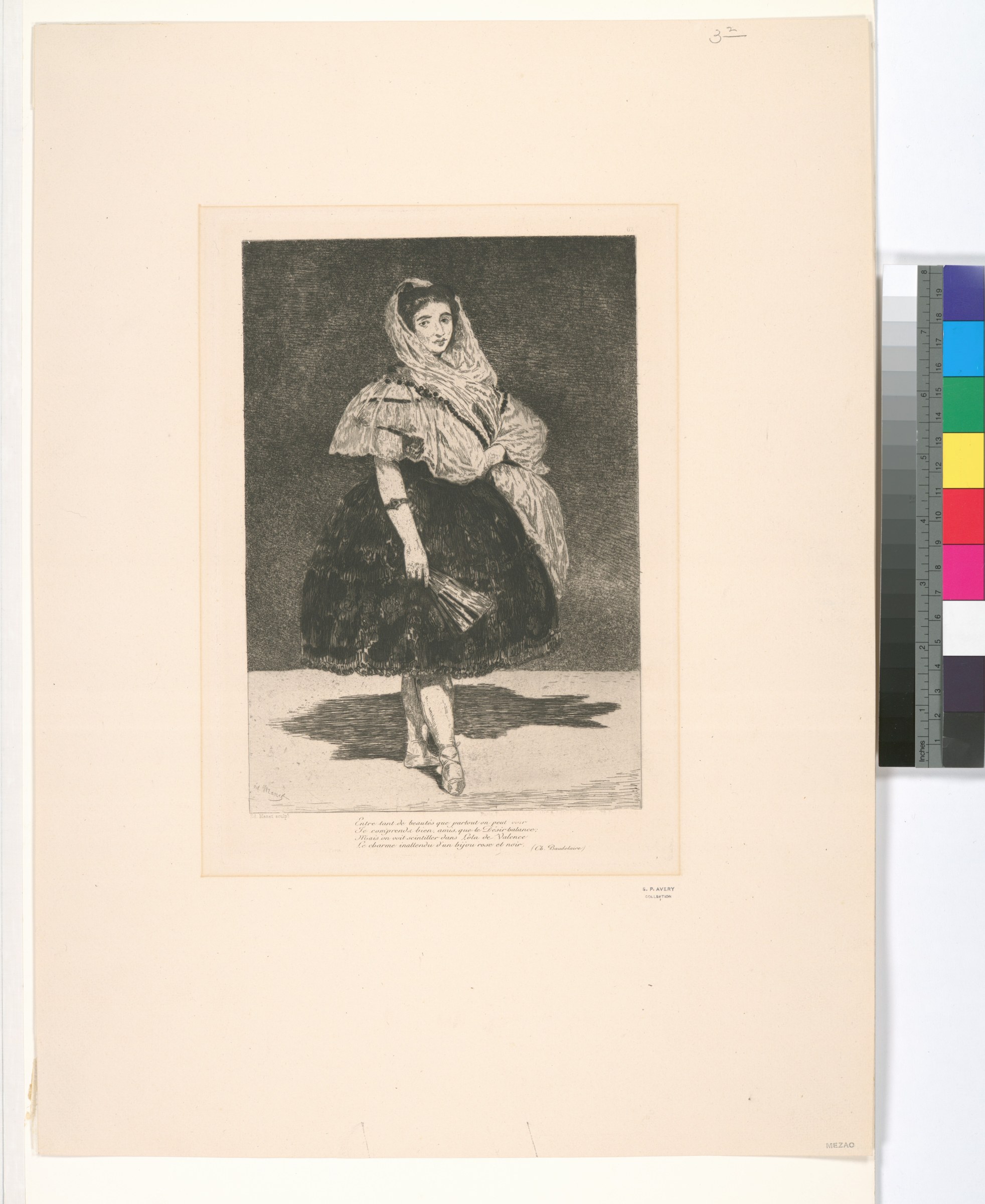 Woman in Spanish dress with white mantilla and rebozo, standing in a posed attitude with downcast gaze against a dark background.