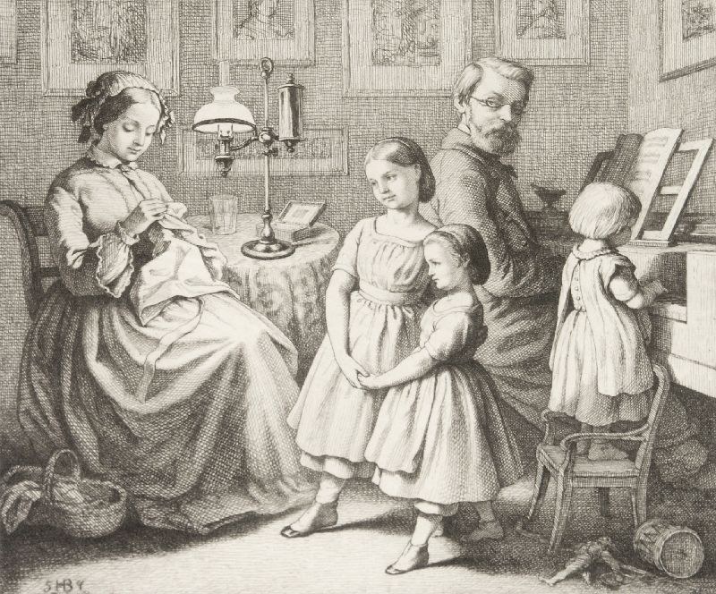 Engraving of three young girls in a domestic interior with an older woman and bearded man, gathered around needlework and books.