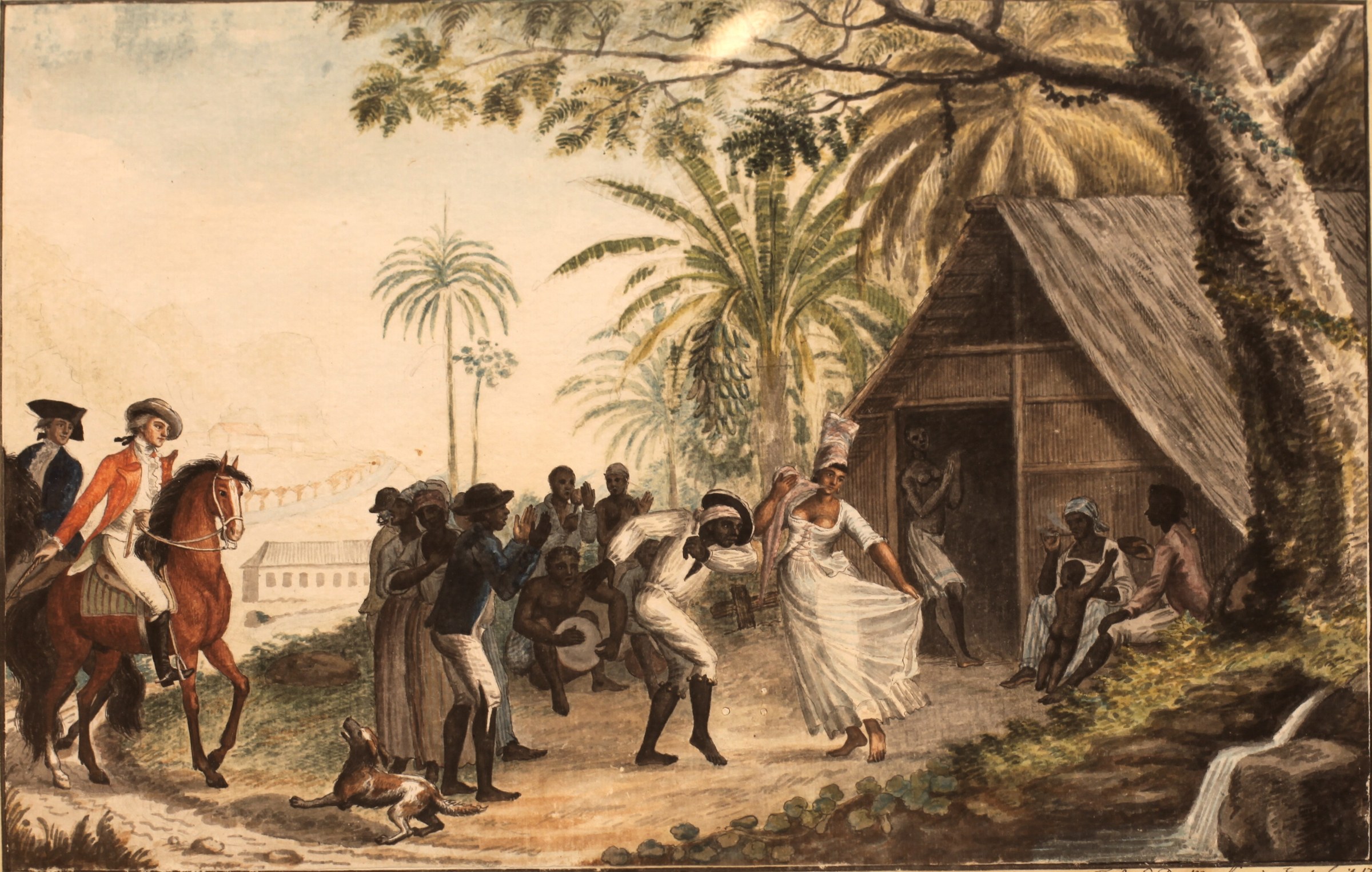 Hand-colored engraving showing a woman in white dancing in a tropical clearing while others clap and two mounted European men observe from horseback.