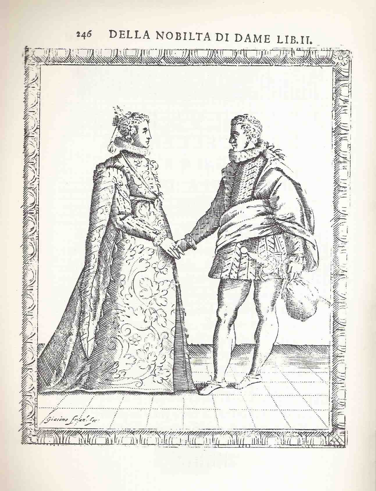 Two Renaissance nobles in court dress hold right hands in an upright formal pose, man in doublet and hose, woman in brocade gown.