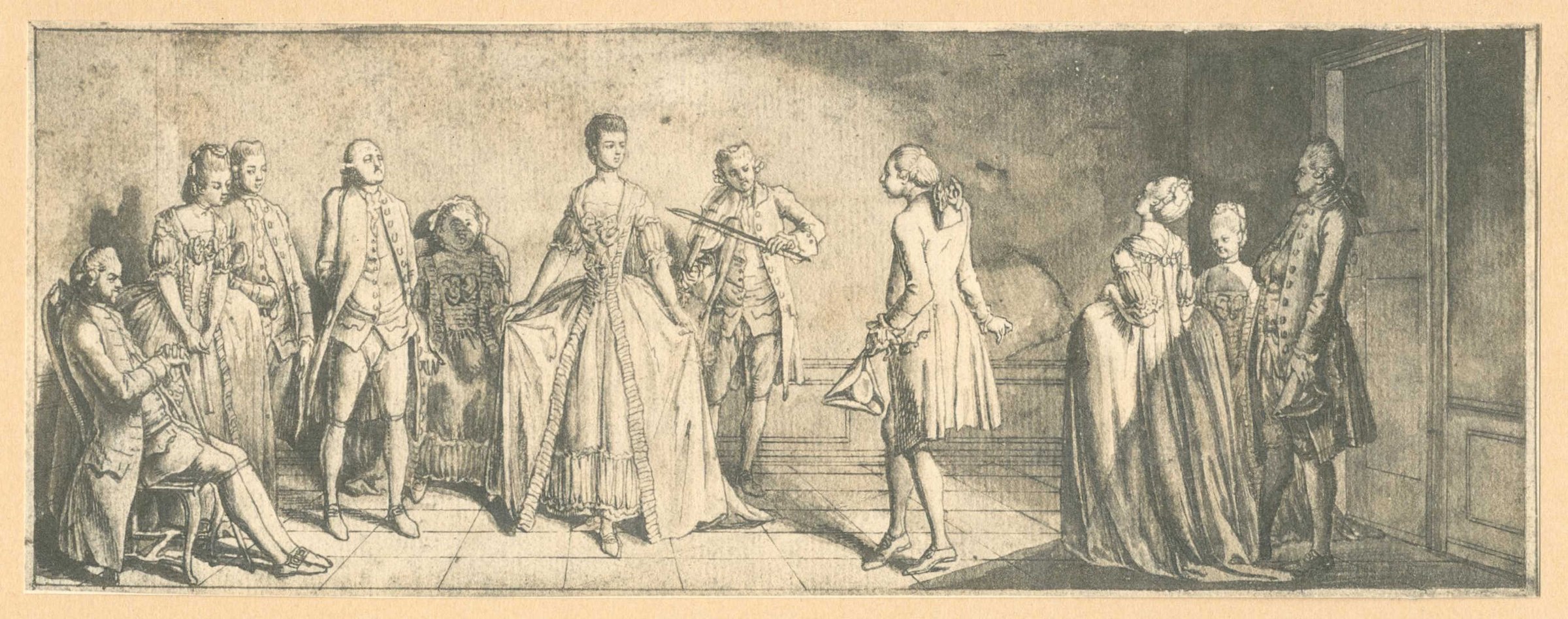 An 18th-century engraving showing a woman in a pale gown demonstrating minuet position while a male instructor seated nearby observes, surrounded by onlookers