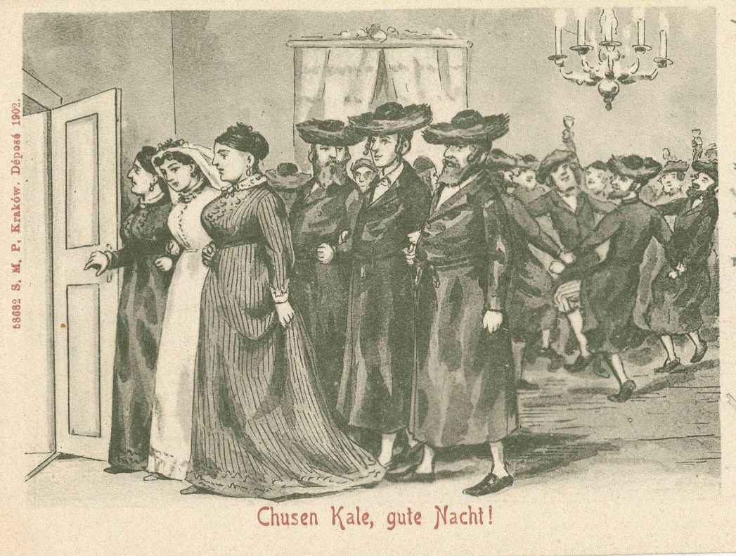 A 1902 chromolithographic postcard showing a bride in white and groom in dark formal dress departing a crowded Jewish wedding celebration.
