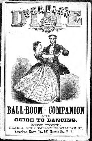 Wood engraving of a well-dressed couple in closed ballroom position, the woman's full skirt caught mid-turn, from an 1868 dance instruction manual.