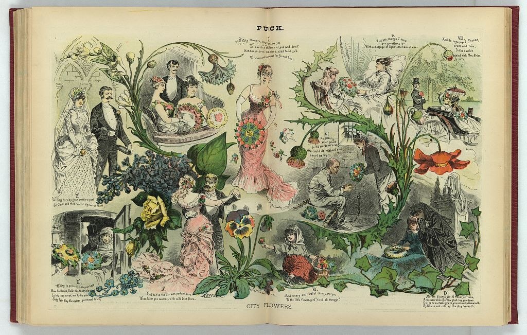 Dense chromolithograph showing women among oversized flowers in ballroom dress, including a waltz couple at left, with ornamental Victorian styling.
