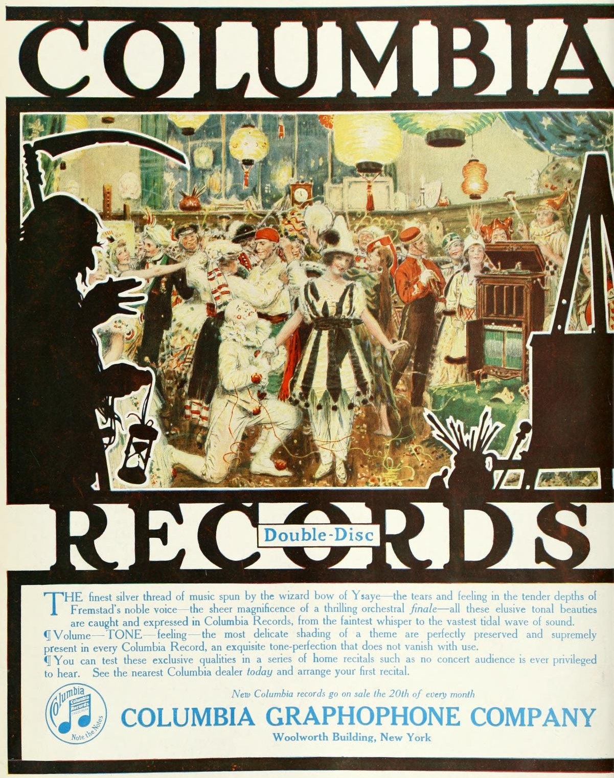 A crowded, brightly lit ballroom filled with formally dressed couples dancing in closed holds while a silhouetted figure operates a gramophone.
