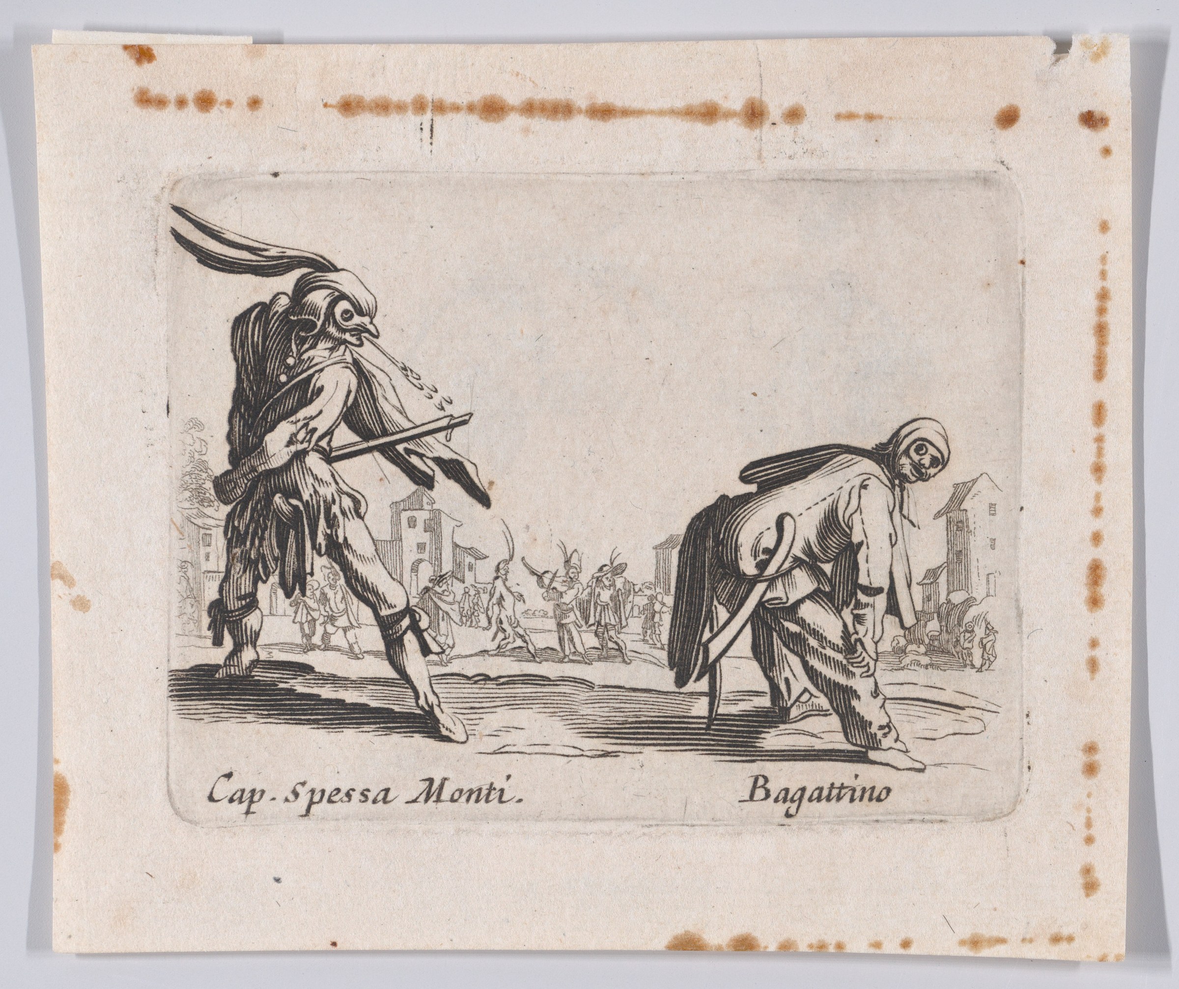 Engraving of two grotesque commedia dell'arte characters: a swollen soldier and a crouching servant in a town square surrounded by onlookers.