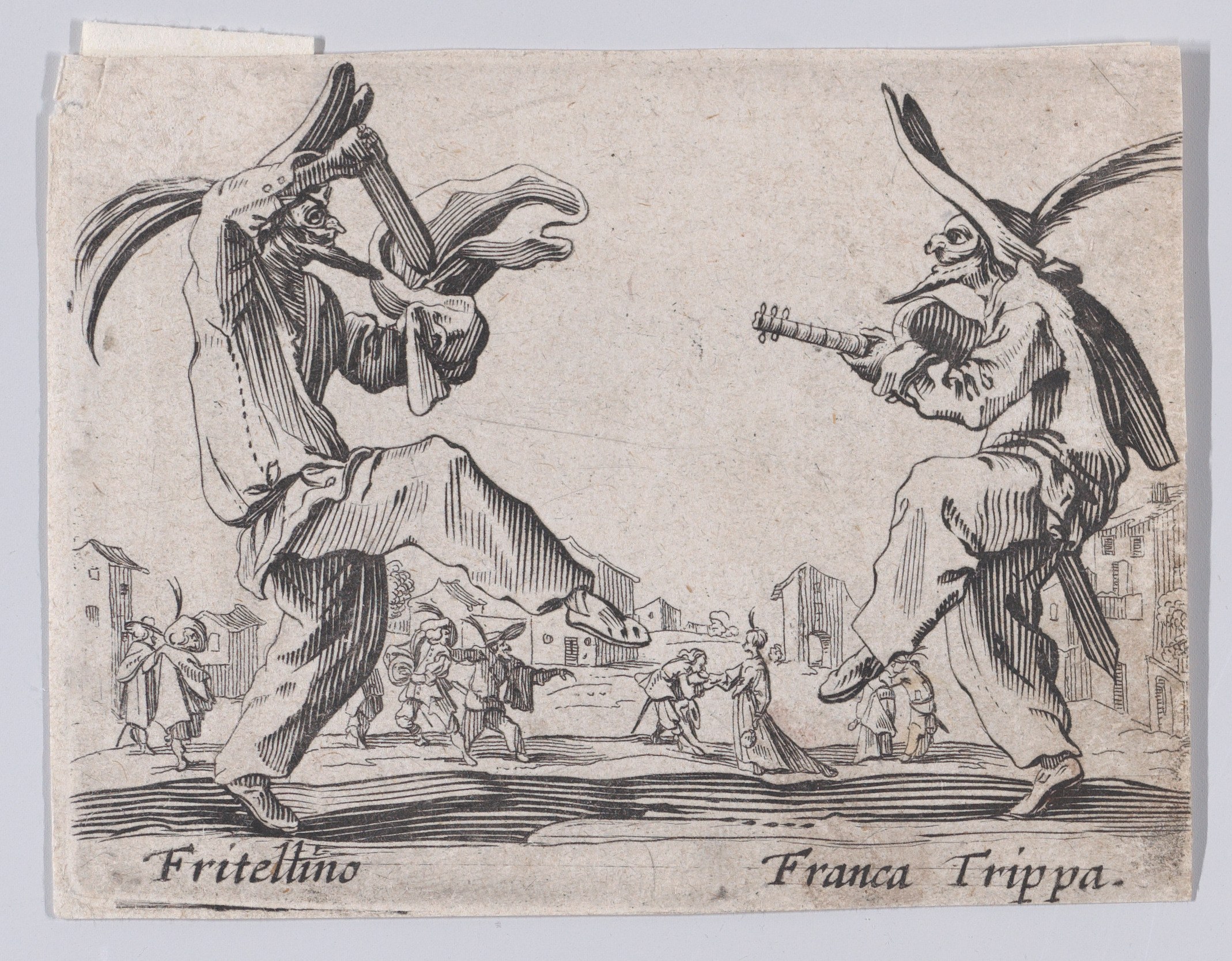 Two grotesque winged figures with exaggerated features play instruments above a street scene with crowds and buildings, rendered as an engraving.