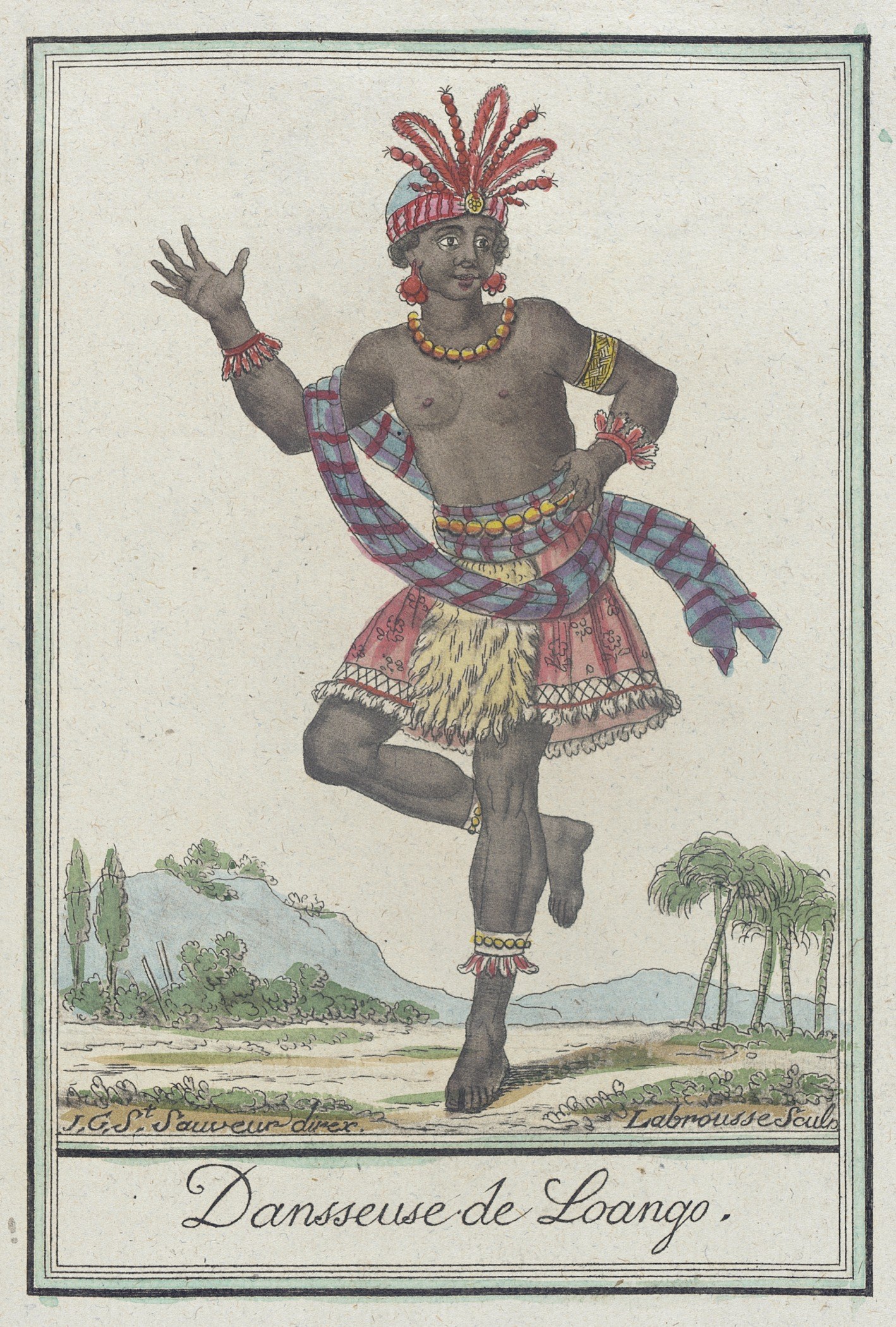 Engraving of a figure in ornate costume with feathered headdress, one leg raised, arm spread, standing in a tropical landscape.
