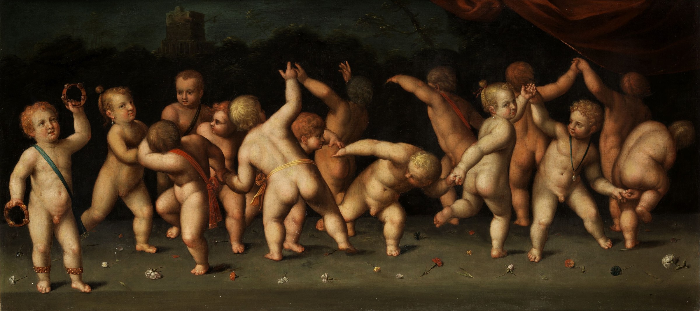 About fifteen nude children with pale skin leap, stretch, and play across a dark stage, some wearing ribbons, against shadowy architecture.