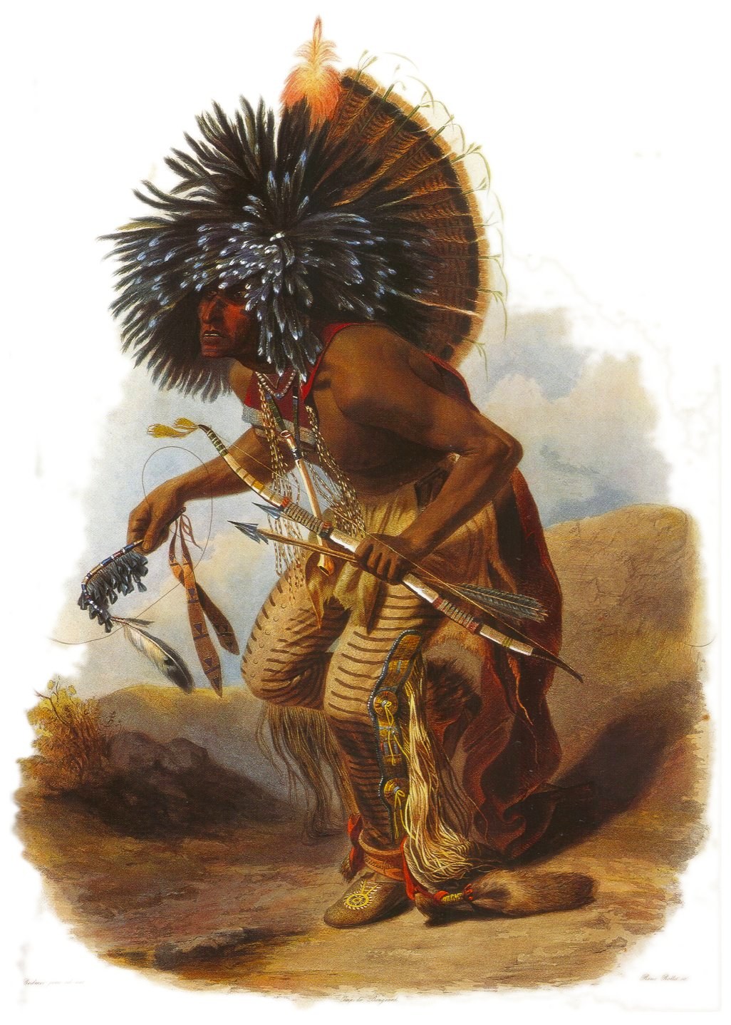 Hidatsa warrior in full Dog Band regalia stands upright, displaying an enormous feathered headdress, beaded necklaces, hide leggings, and holding a bow and