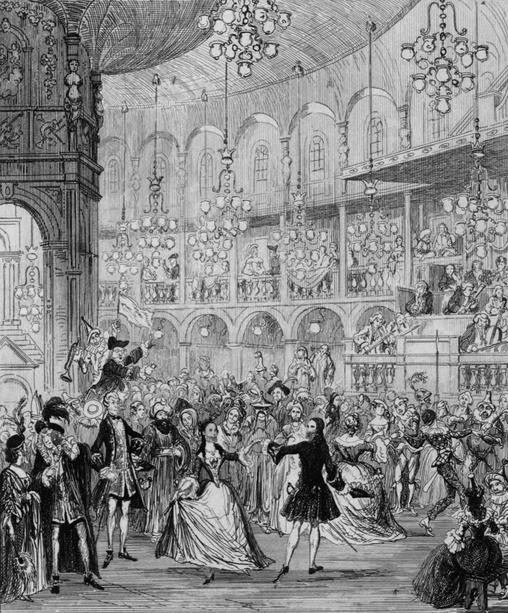Engraving of a crowded ballroom with couples dancing in formal dress beneath chandeliers and ornate architecture, with spectators watching from galleries above.