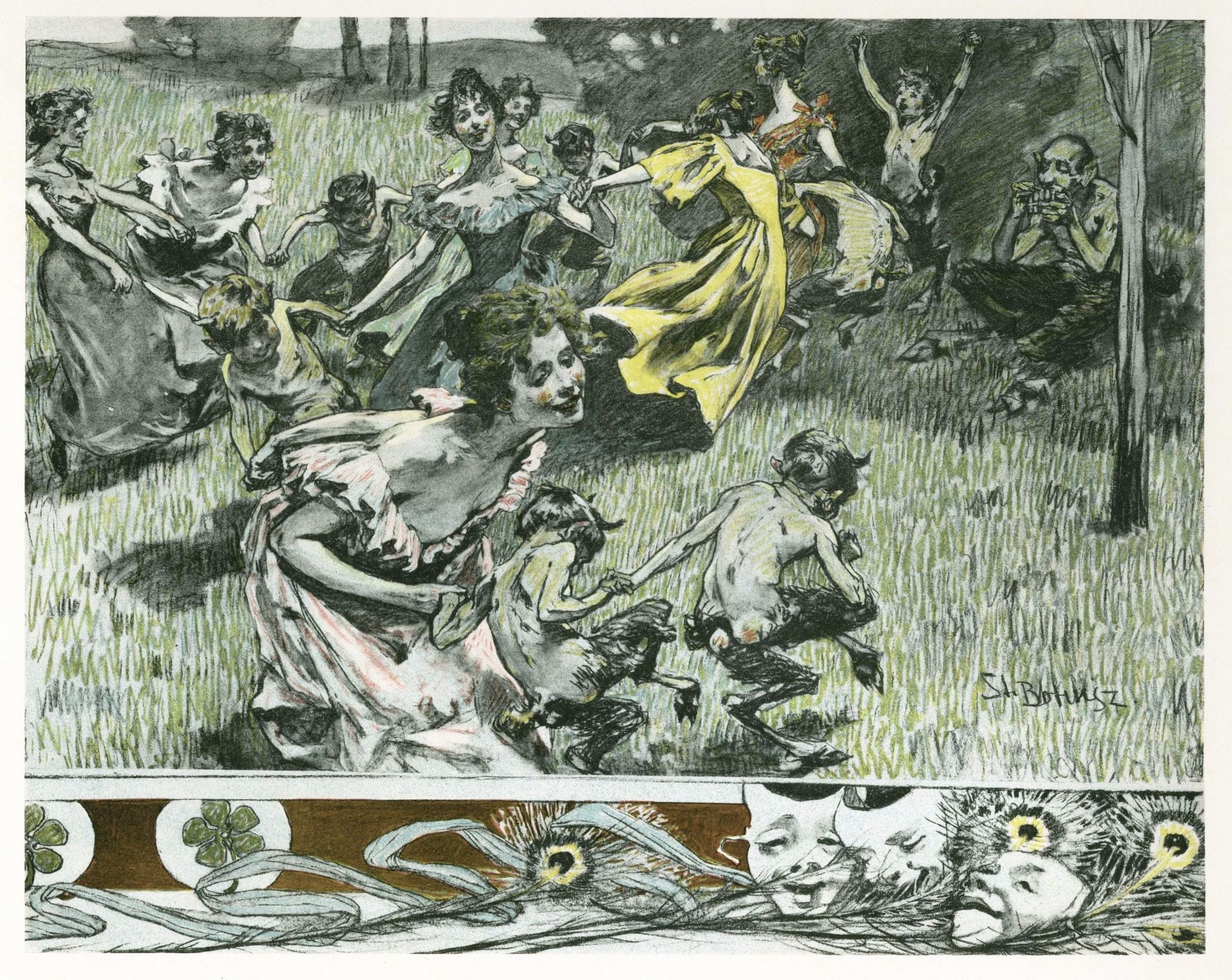 Nocturnal bacchanal with pale, twisting female figures and dark fauns on grass, framed by an ornamental border with theatrical masks.