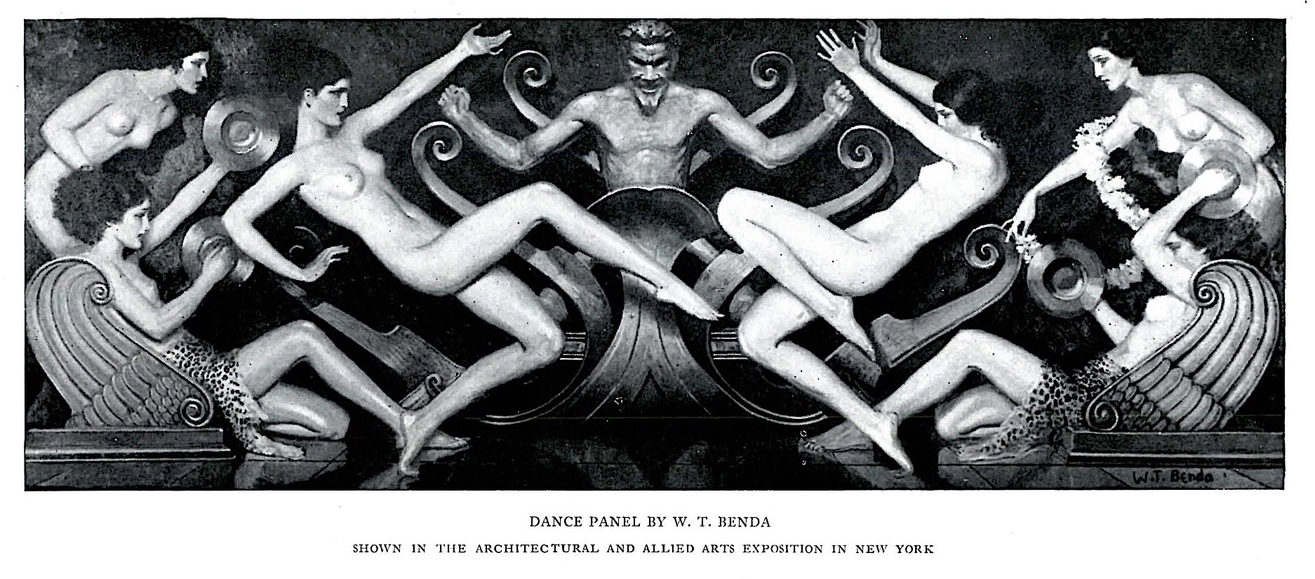 Art Deco panel in black and white showing a central satyr with arms raised, surrounded by reclining nude female figures in classical ballet poses.