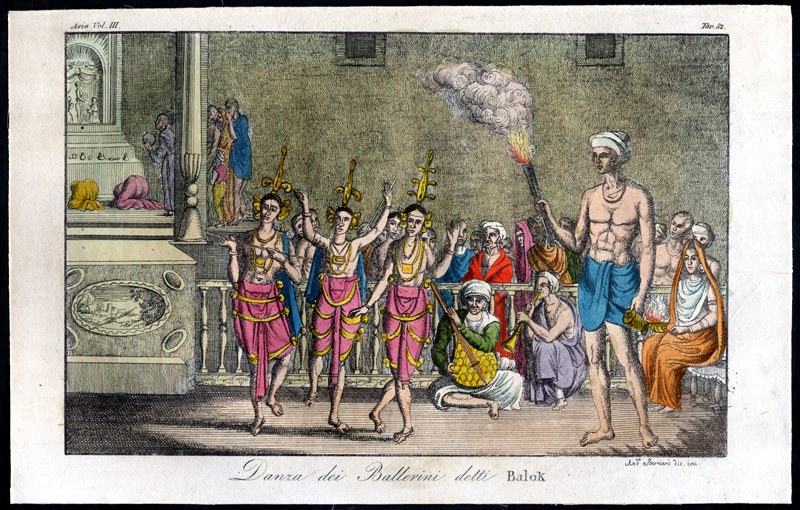 Three shirtless male dancers in pleated skirts leap in unison, torches aloft, in a columned classical hall watched by robed figures.