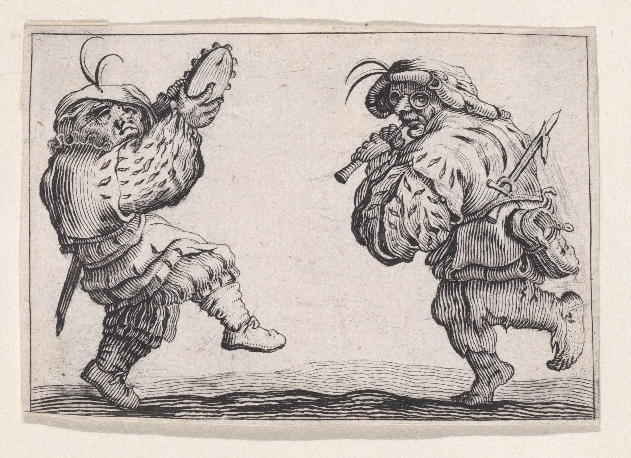 Two grotesquely rendered bearded men in a folk dance encounter; one holds a tambourine aloft, the other a curved flute and staff.