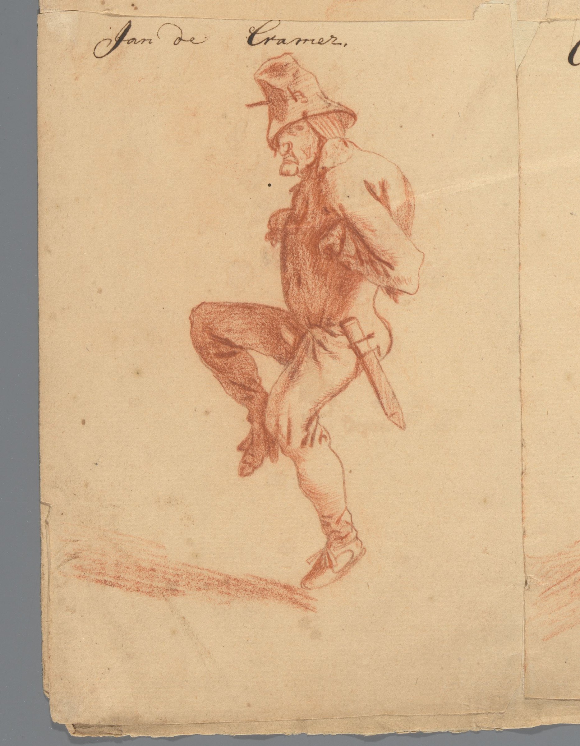 Red chalk drawing of a man in rural 17th-century dress leaping with one leg up and arms spread wide for balance.