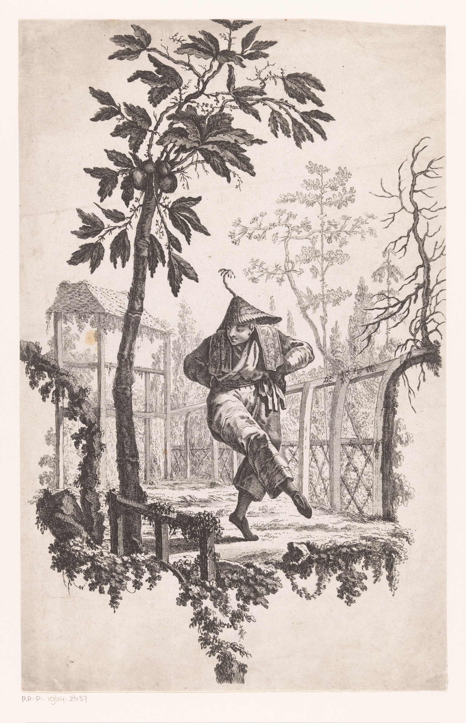 Man in Chinese dress performs exaggerated backward lunge beneath fruit tree in rococo garden pavilion, ornamental engraving.