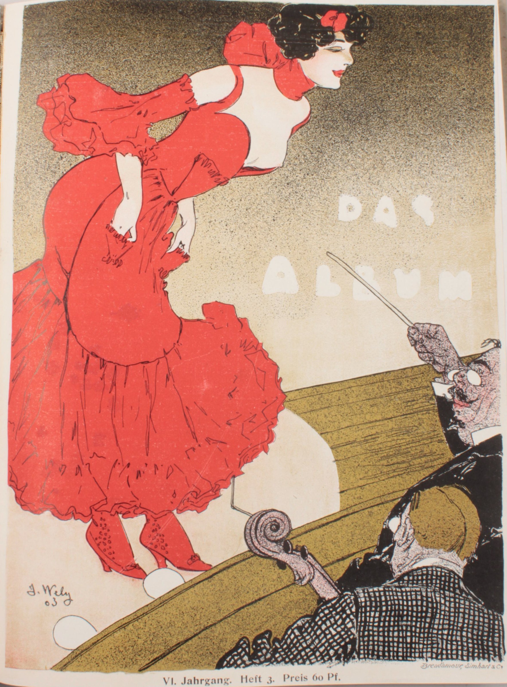 A woman in a voluminous red ruffled dress leans forward in an exaggerated theatrical pose. A man in dark formal dress reaches toward her with a pointer from