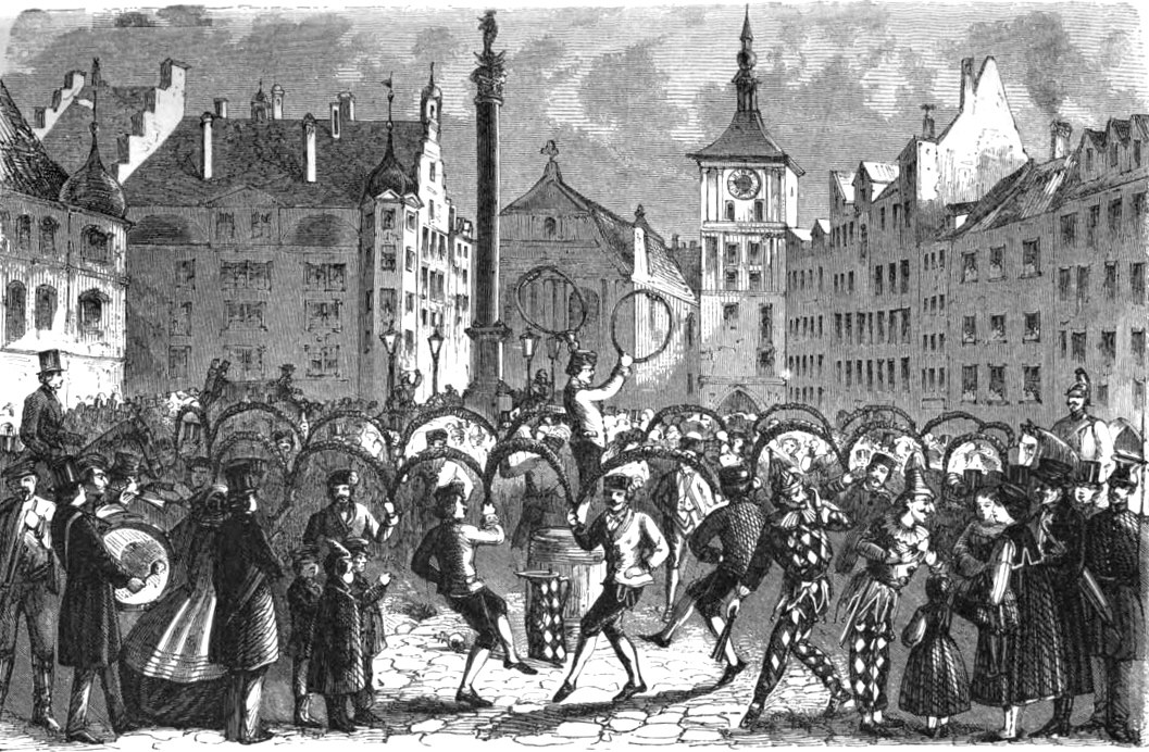 A detailed wood engraving showing a crowded street festival in a Munich square, with costumed figures carrying ceremonial shields and rings.
