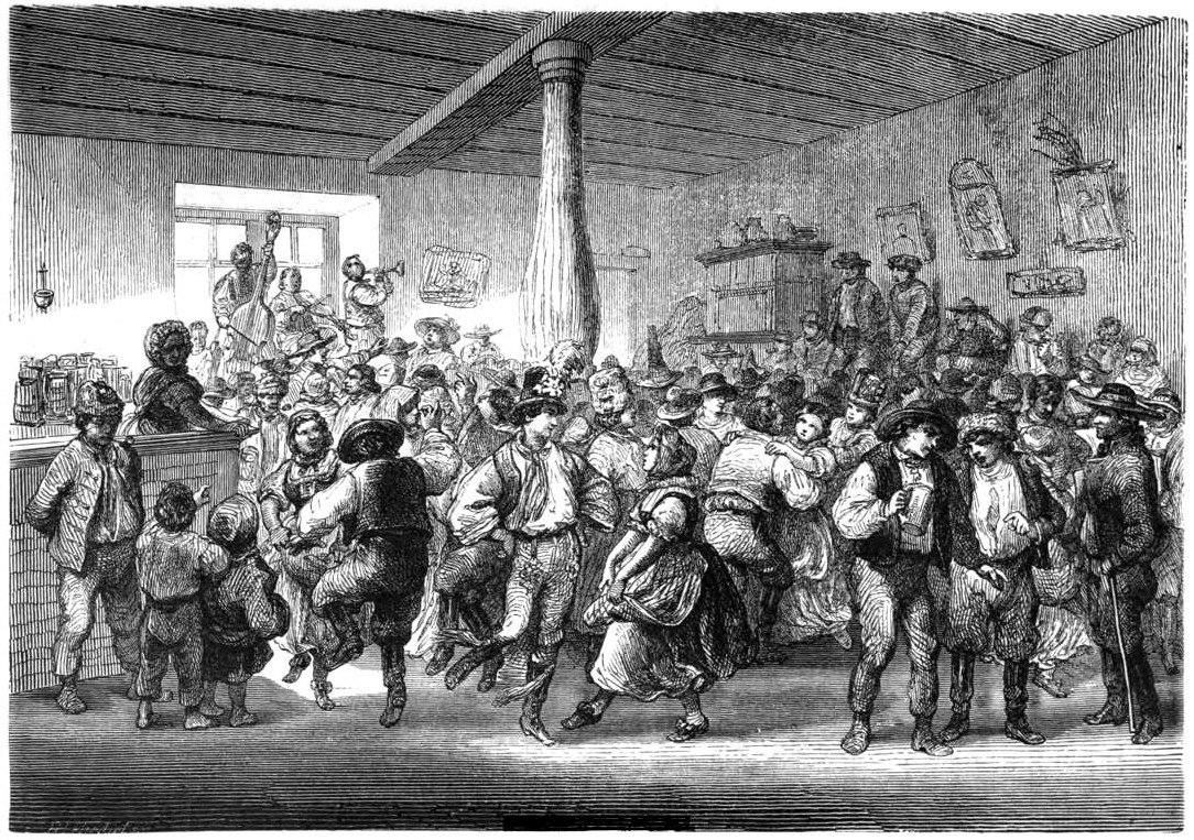 Wood engraving of a crowded interior village fair with men, women, and children in 19th-century dress gathered in a public hall.