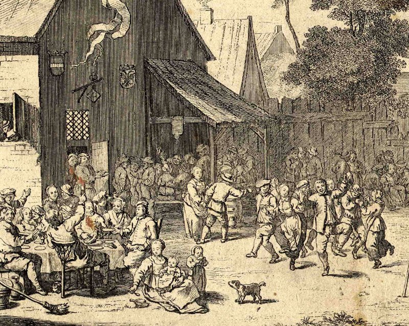 Crowded village festival with fifty figures dancing, eating, and celebrating outside a timber building, engraved in fine lines.