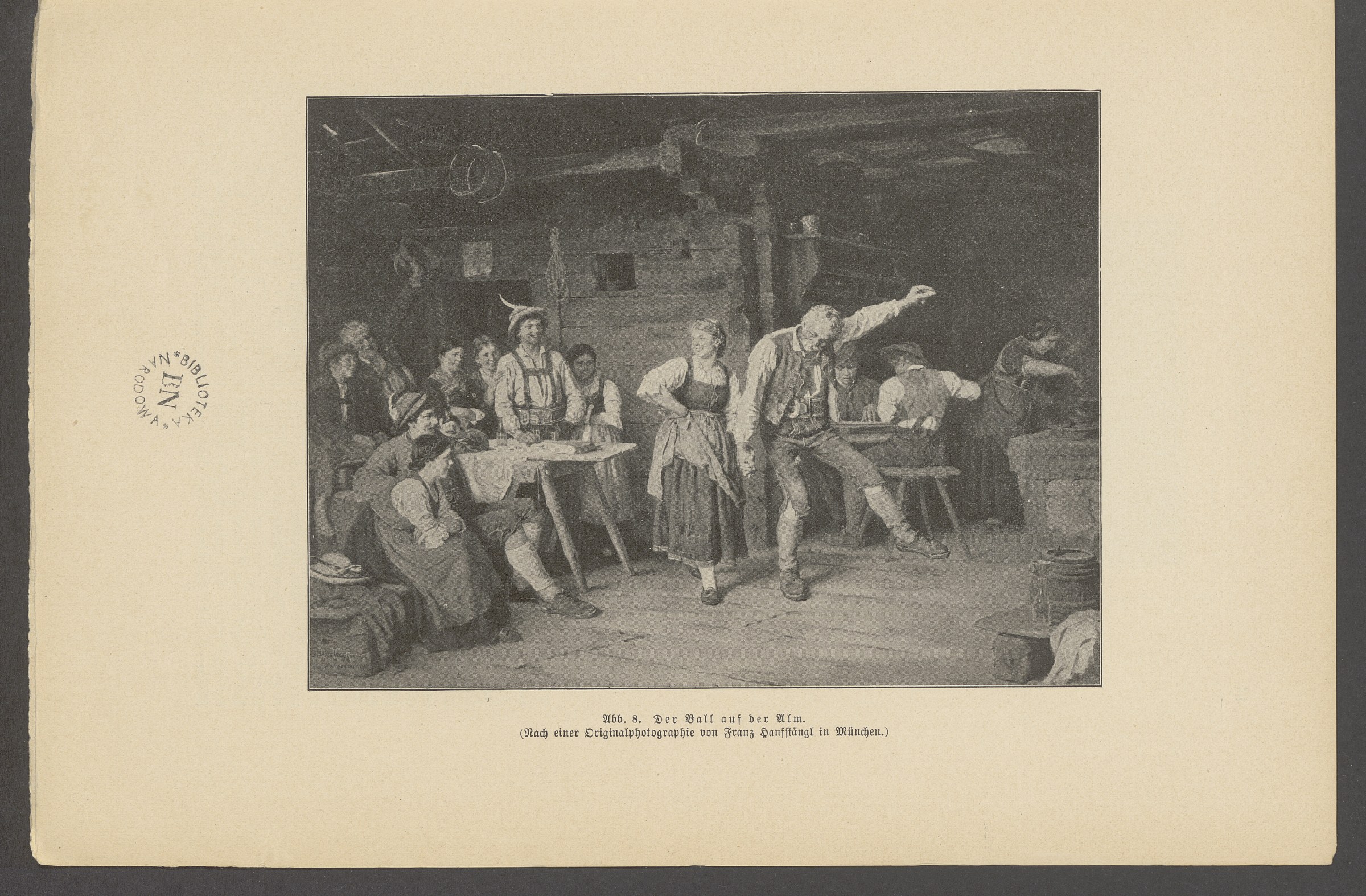 A Bavarian couple dance in a rustic tavern while villagers in traditional dress watch and sit around them.