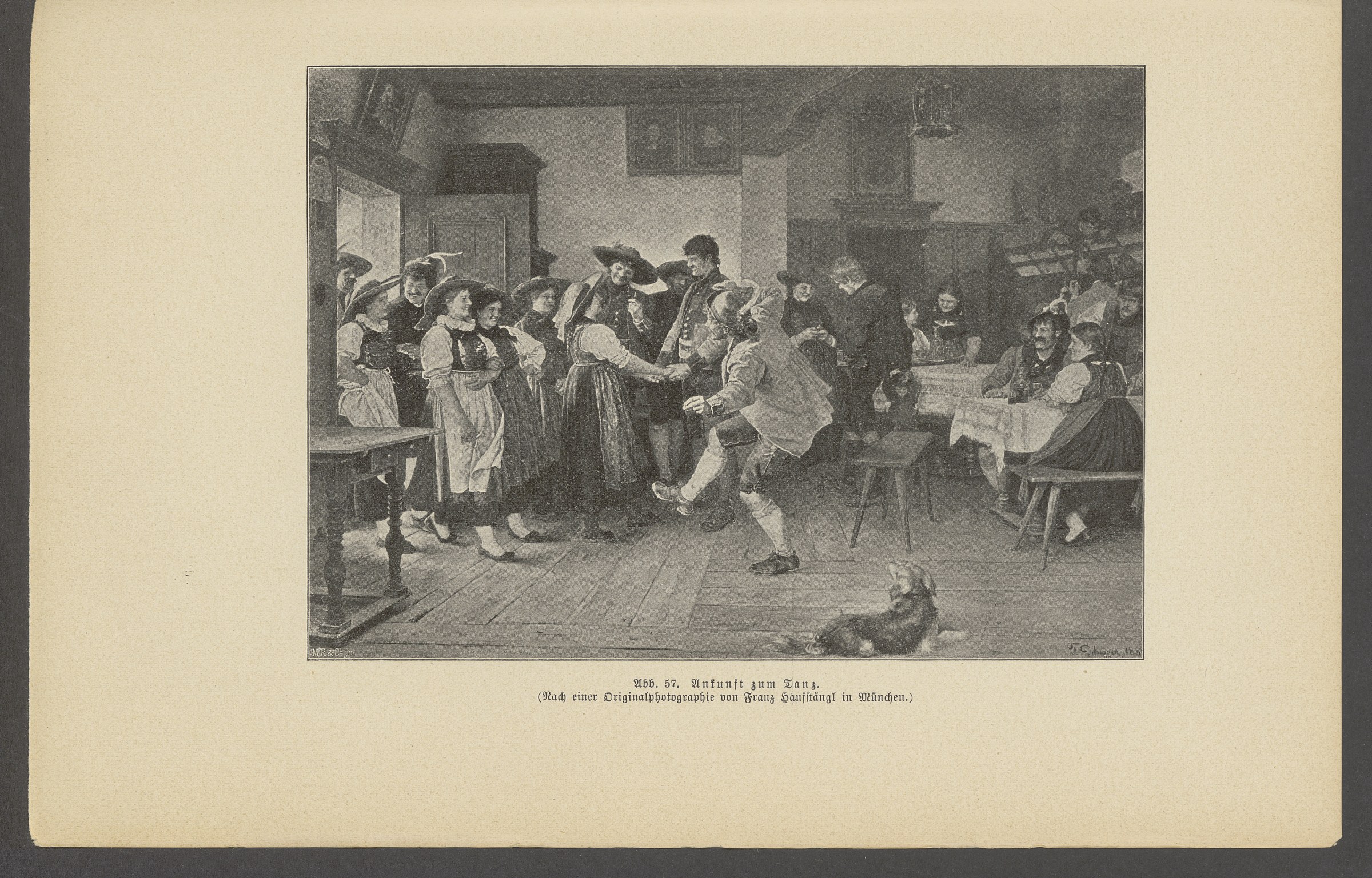 Engraving of a Bavarian tavern scene: a man in leather breeches hops forward with raised leg toward seated women in long skirts; other figures stand and sit