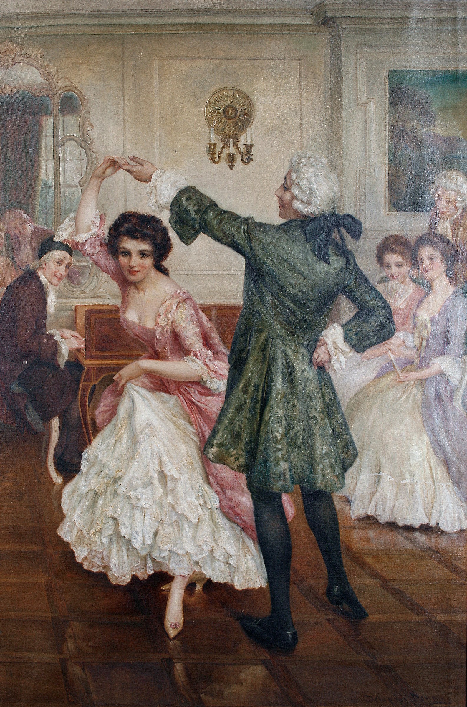 A gentleman in a green coat leads a woman in a pink silk gown through a waltz turn in a candlelit ballroom, observed by formally dressed spectators.